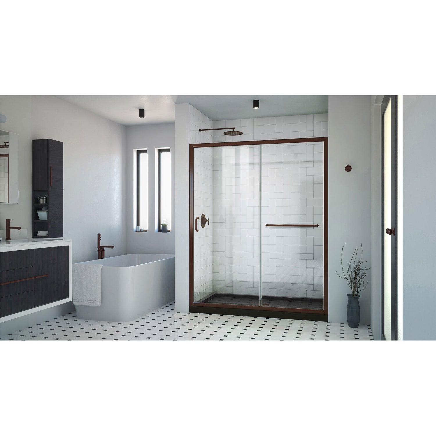DreamLine Infinity-Z 34 in. D x 60 in. W x 74 3/4 in. H Clear Sliding Shower Door in Oil Rubbed Bronze, Center Drain Black Base