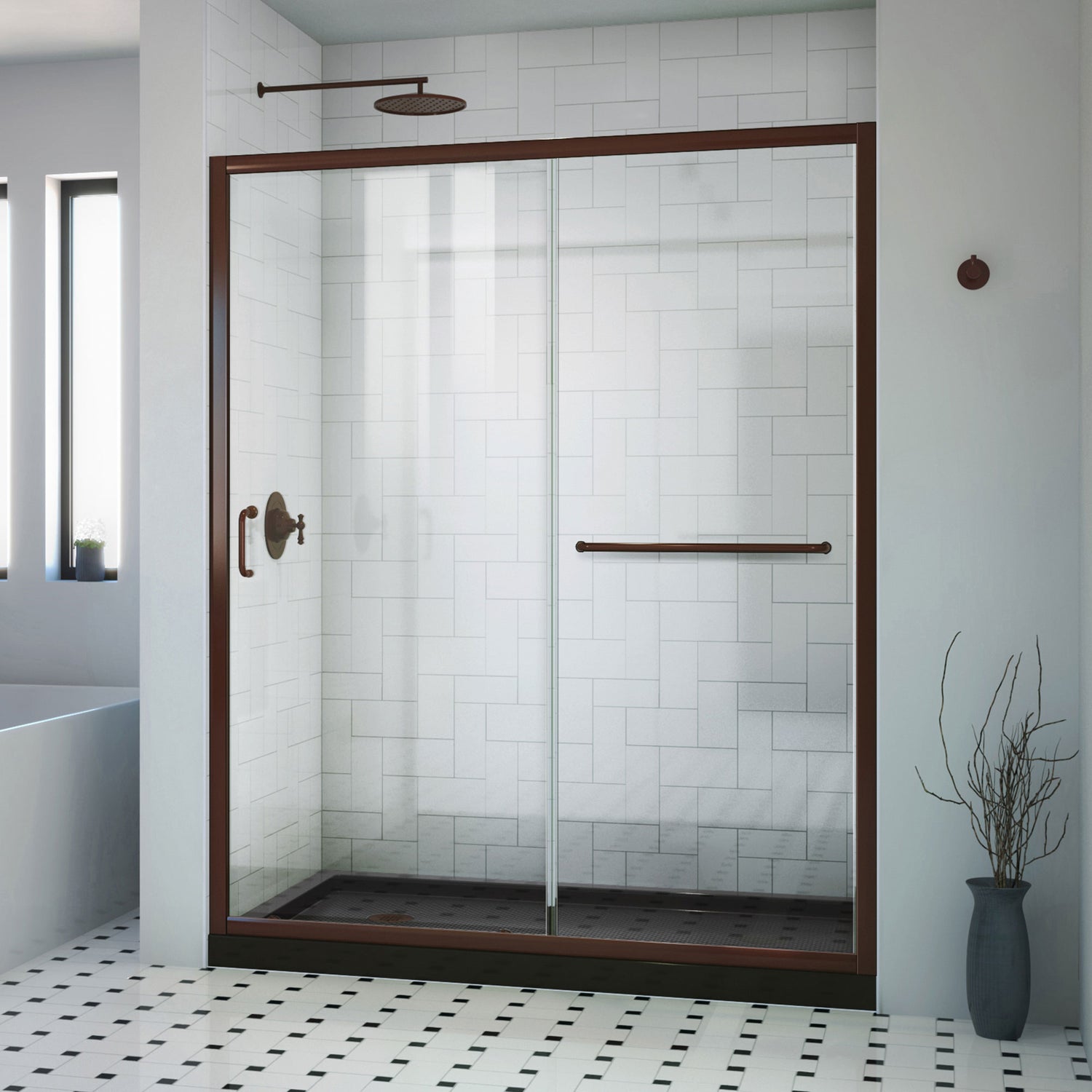 DreamLine Infinity-Z 30 in. D x 60 in. W x 74 3/4 in. H Clear Sliding Shower Door in Oil Rubbed Bronze, Left Drain Black Base