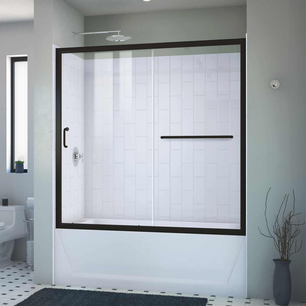 DreamLine Infinity-Z 56-60 in. W x 60 in. H Clear Sliding Tub Door in Satin Black with White Acrylic Wall Kit