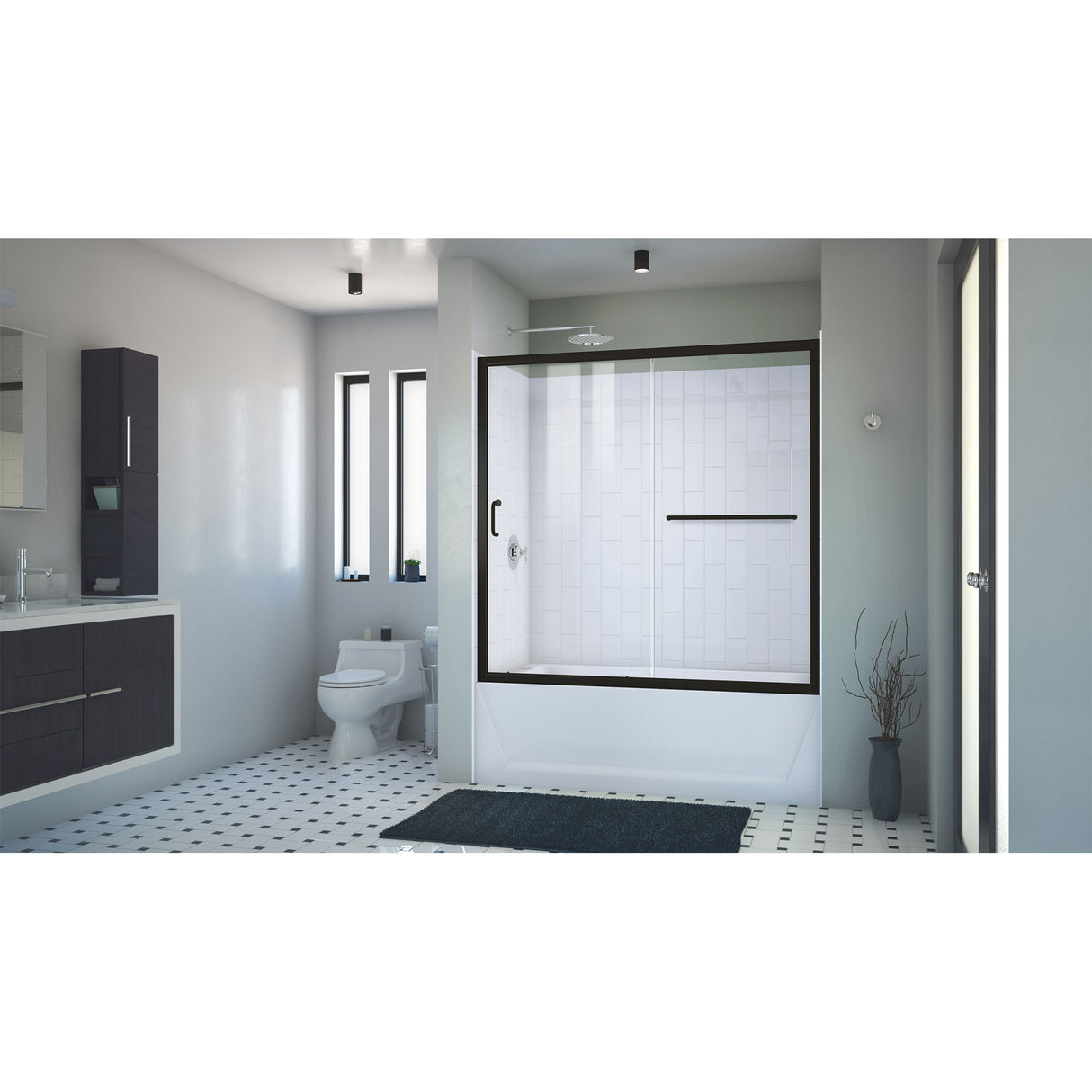 DreamLine Infinity-Z 56-60 in. W x 60 in. H Clear Sliding Tub Door in Satin Black with White Acrylic Wall Kit