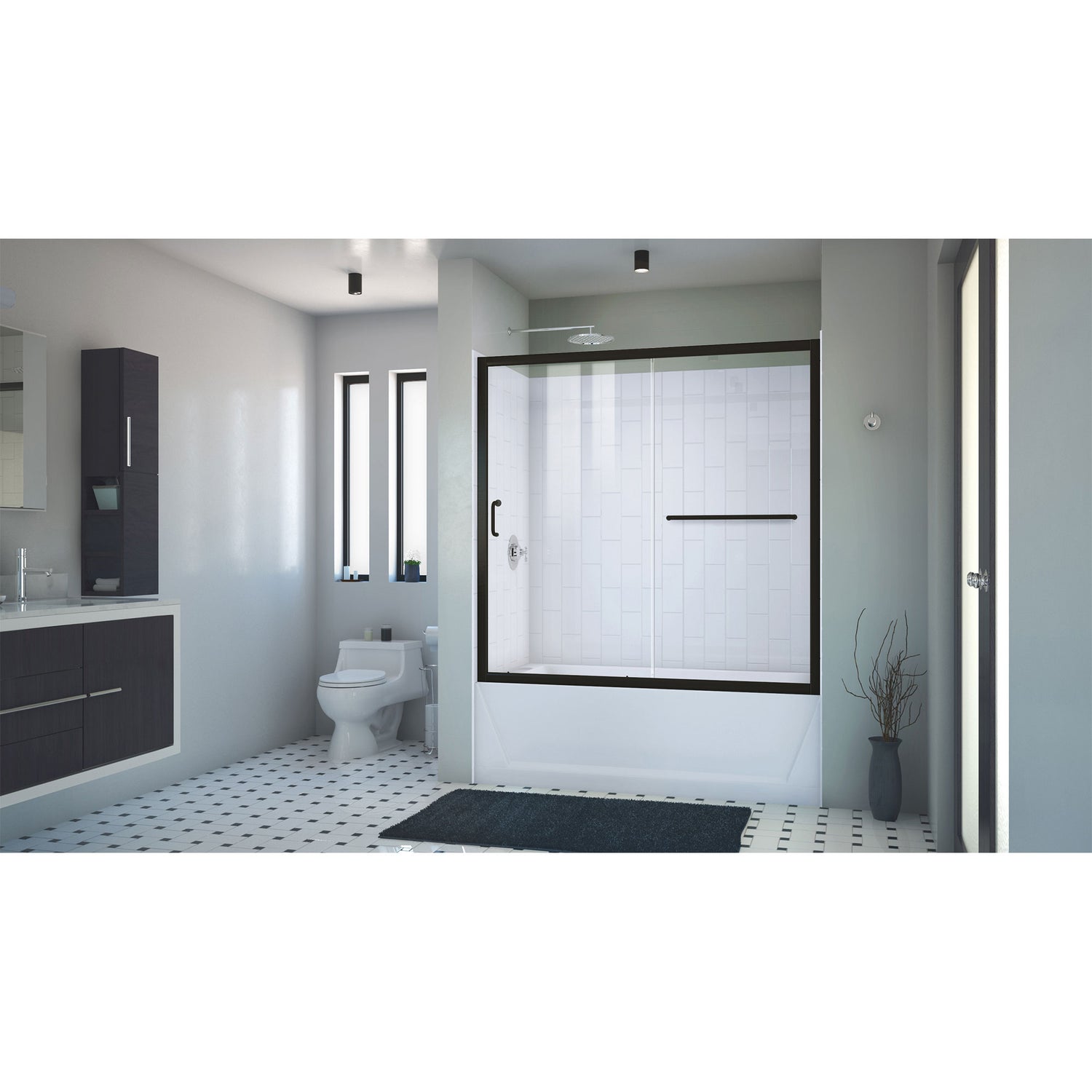 DreamLine Infinity-Z 56-60 in. W x 60 in. H Clear Sliding Tub Door in Satin Black with White Acrylic Wall Kit