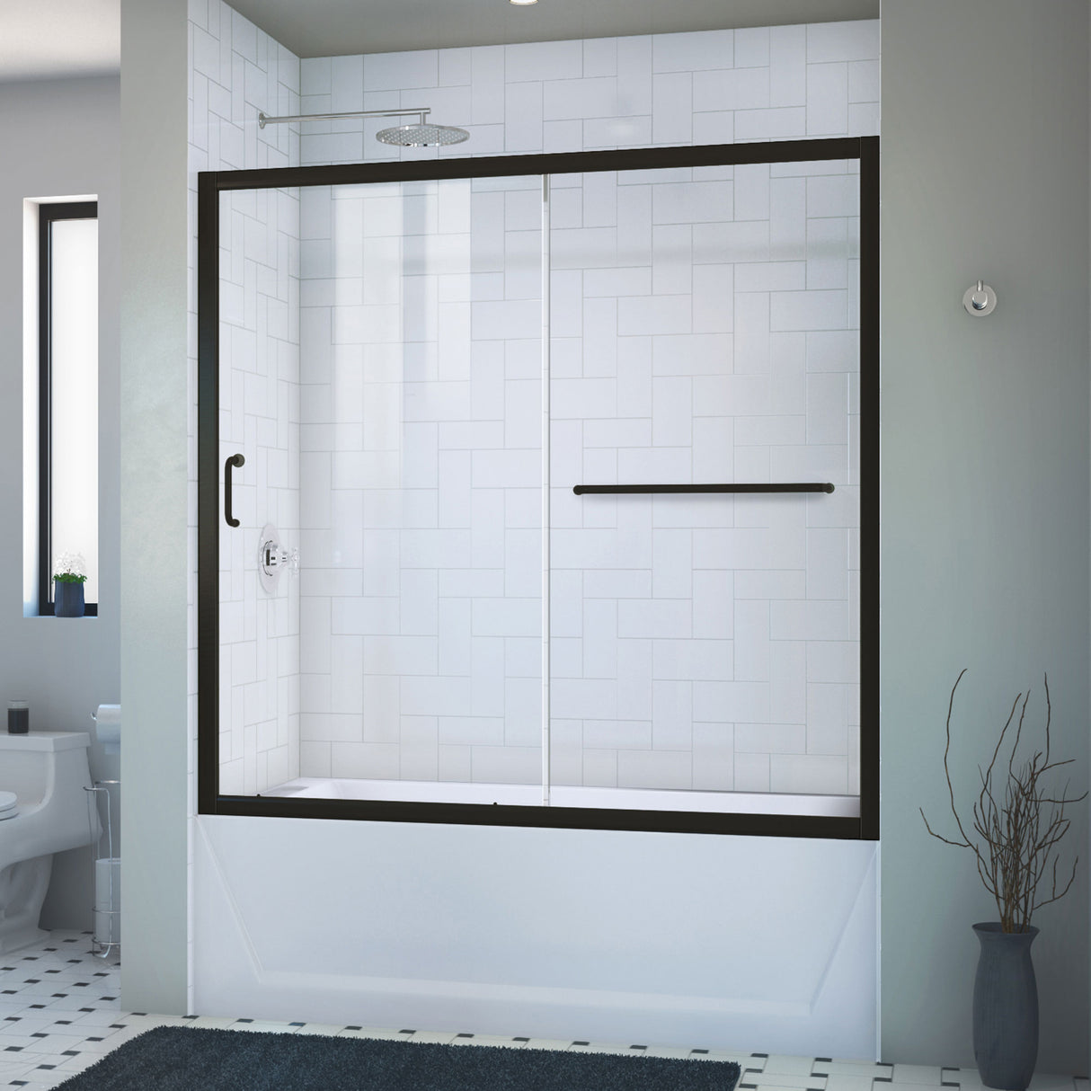 DreamLine Infinity-Z 56-60 in. W x 58 in. H Semi-Frameless Sliding Tub Door, Clear Glass in Satin Black