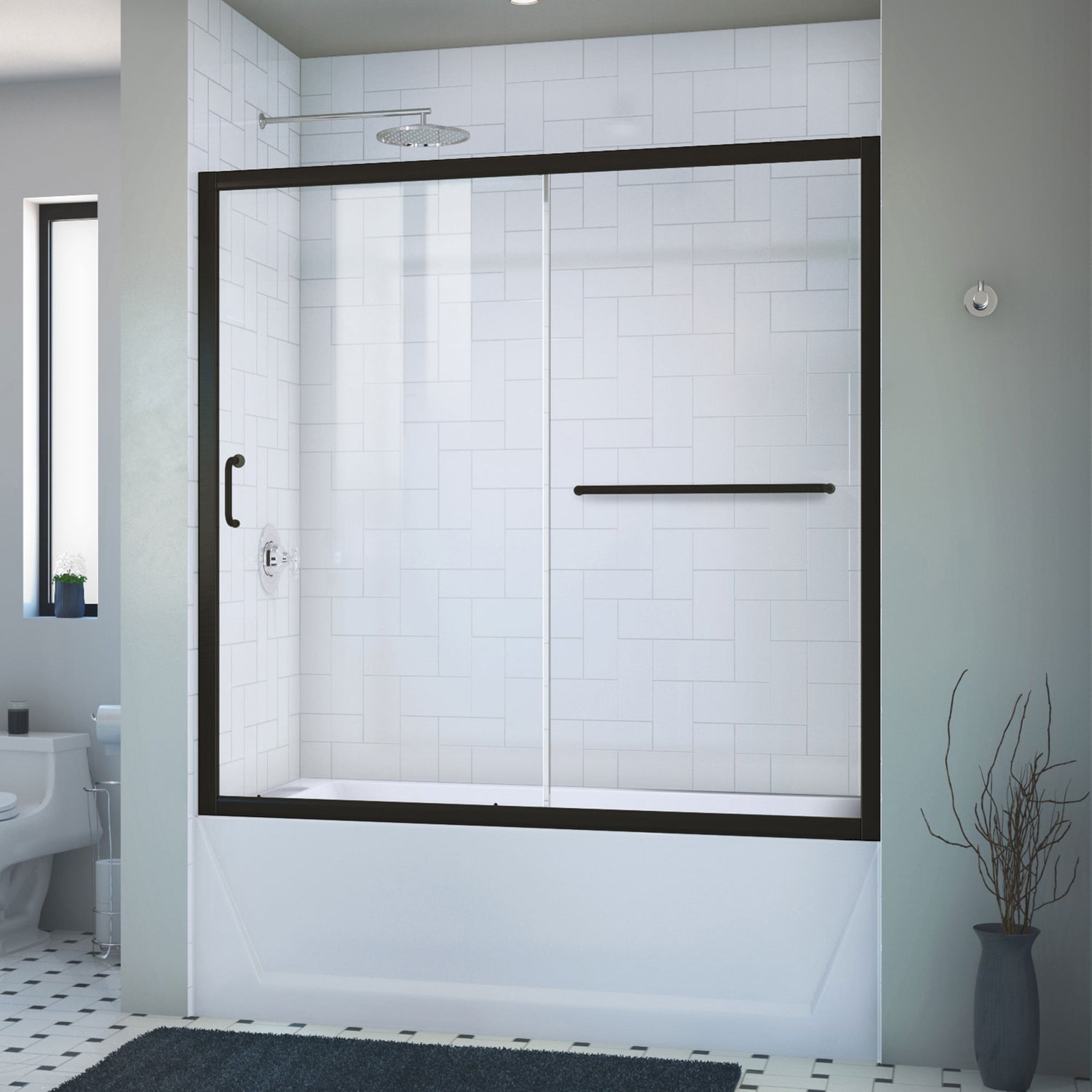 DreamLine Infinity-Z 56-60 in. W x 58 in. H Semi-Frameless Sliding Tub Door, Clear Glass in Satin Black