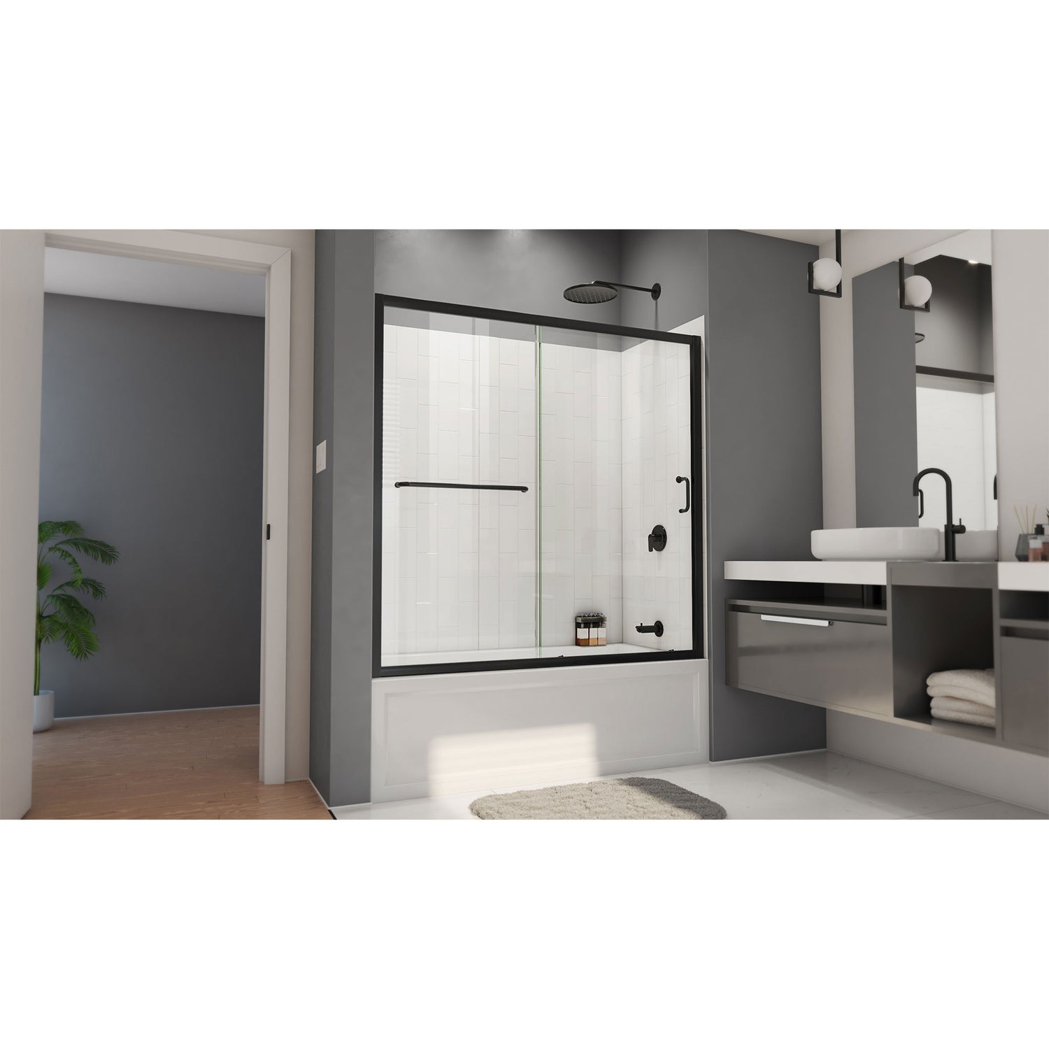DreamLine Infinity-Z 56-60 in. W x 60 in. H Sliding Tub Door and White Wall Kit in Satin Black and Clear Glass