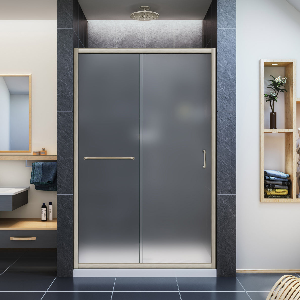 DreamLine Infinity-Z 36 in. D x 48 in. W x 74 3/4 in. H Frosted Sliding Shower Door in Brushed Nickel and Center Drain White Base