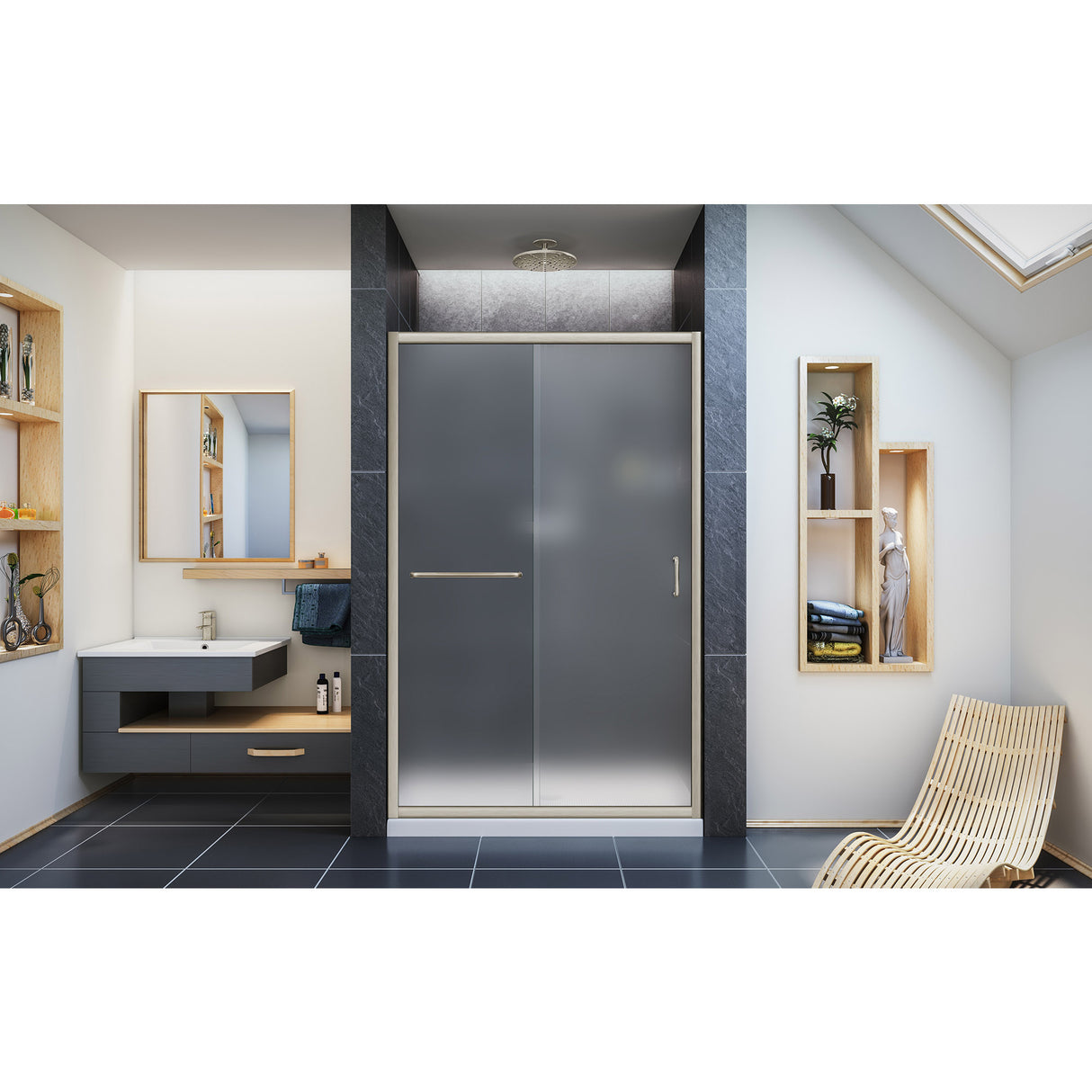 DreamLine Infinity-Z 36 in. D x 48 in. W x 74 3/4 in. H Frosted Sliding Shower Door in Brushed Nickel and Center Drain White Base