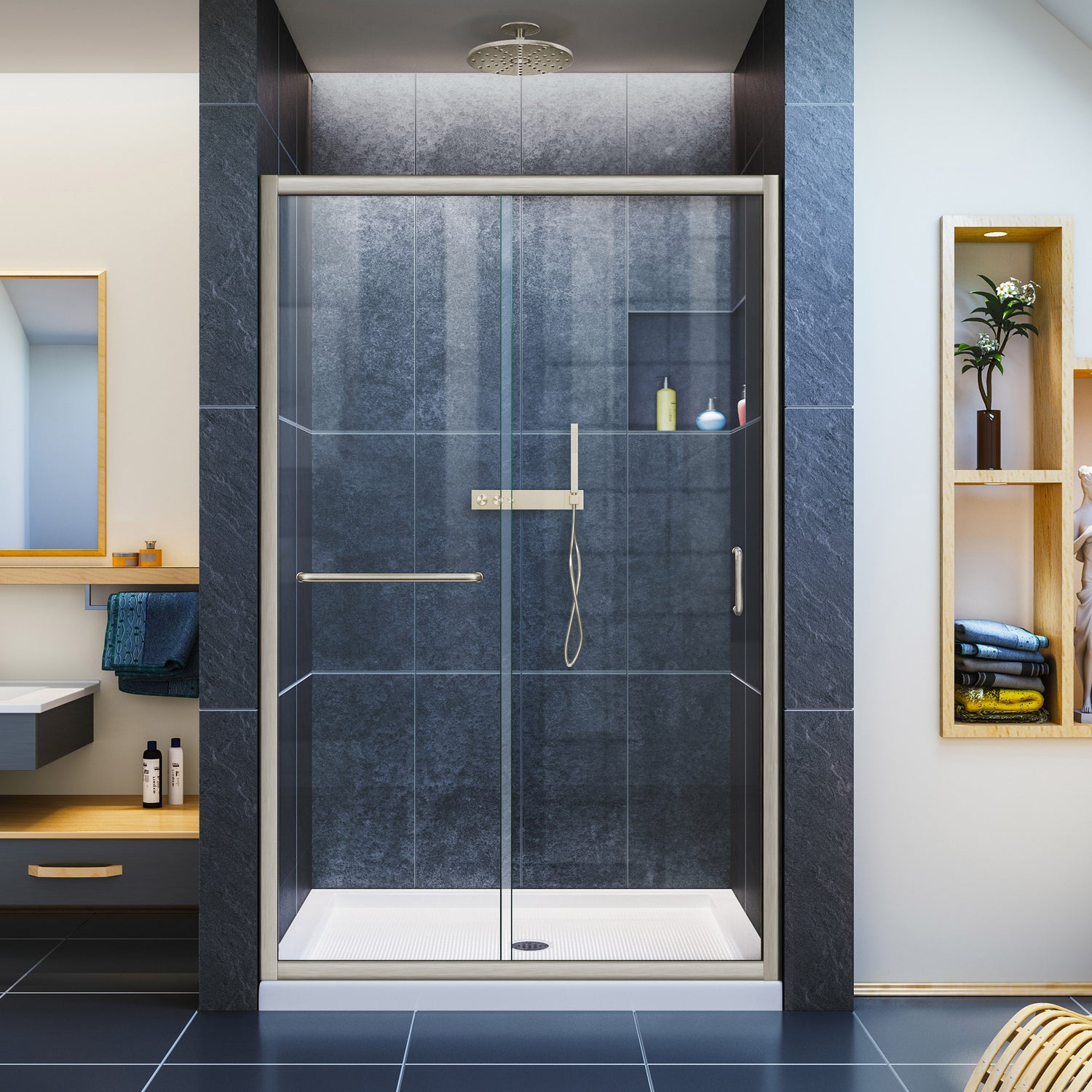 DreamLine Infinity-Z 44-48 in. W x 72 in. H Semi-Frameless Sliding Shower Door, Clear Glass in Brushed Nickel