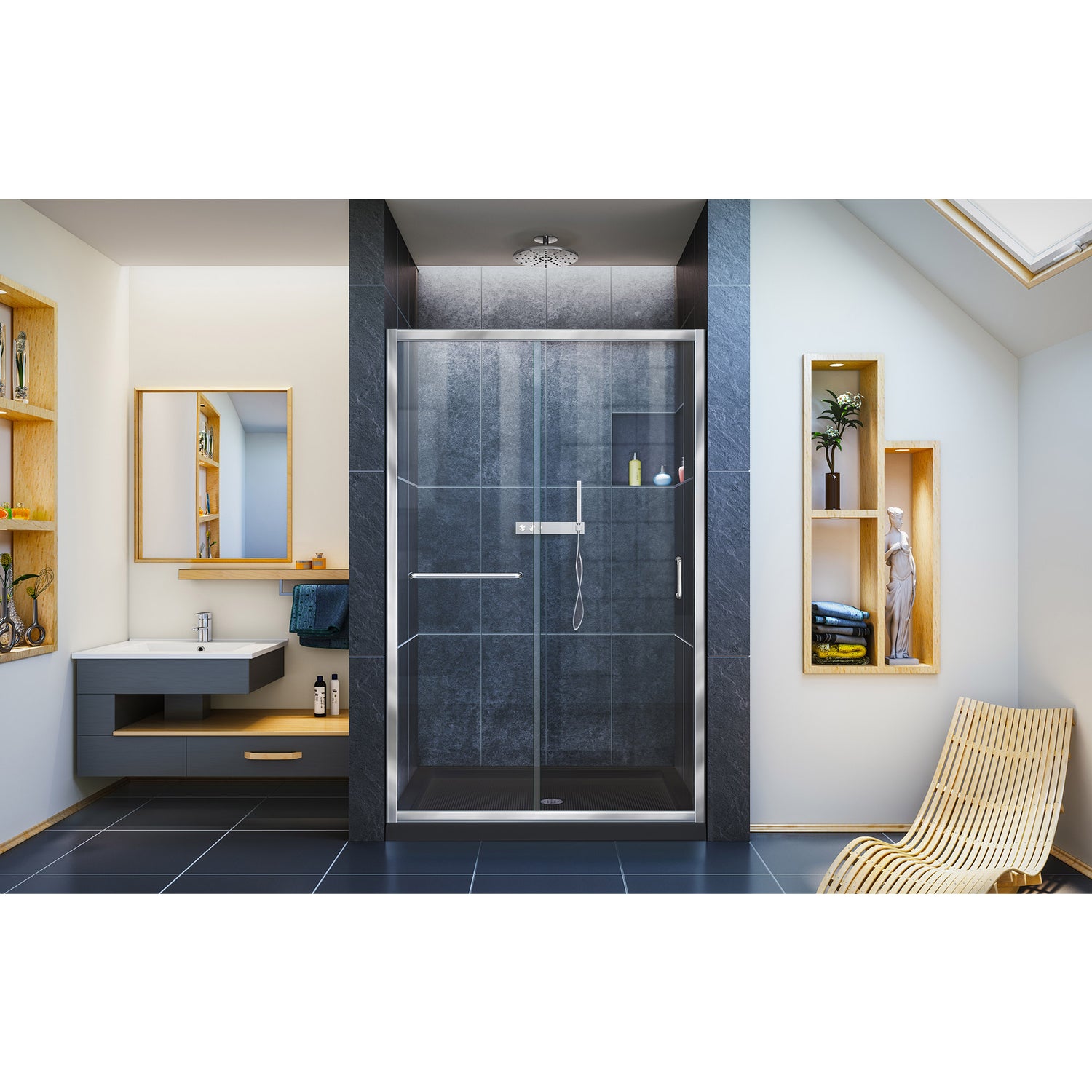 DreamLine Infinity-Z 36 in. D x 48 in. W x 74 3/4 in. H Clear Sliding Shower Door in Chrome and Center Drain Black Base