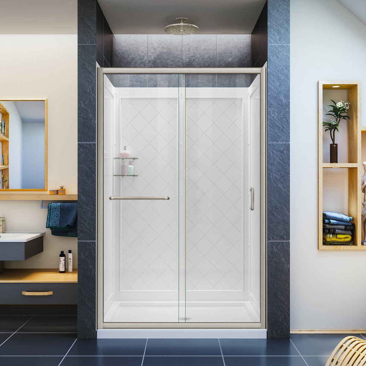 DreamLine Infinity-Z 36 in. D x 48 in. W x 76 3/4 in. H Clear Sliding Shower Door in Brushed Nickel, Center Drain and Wall Kit