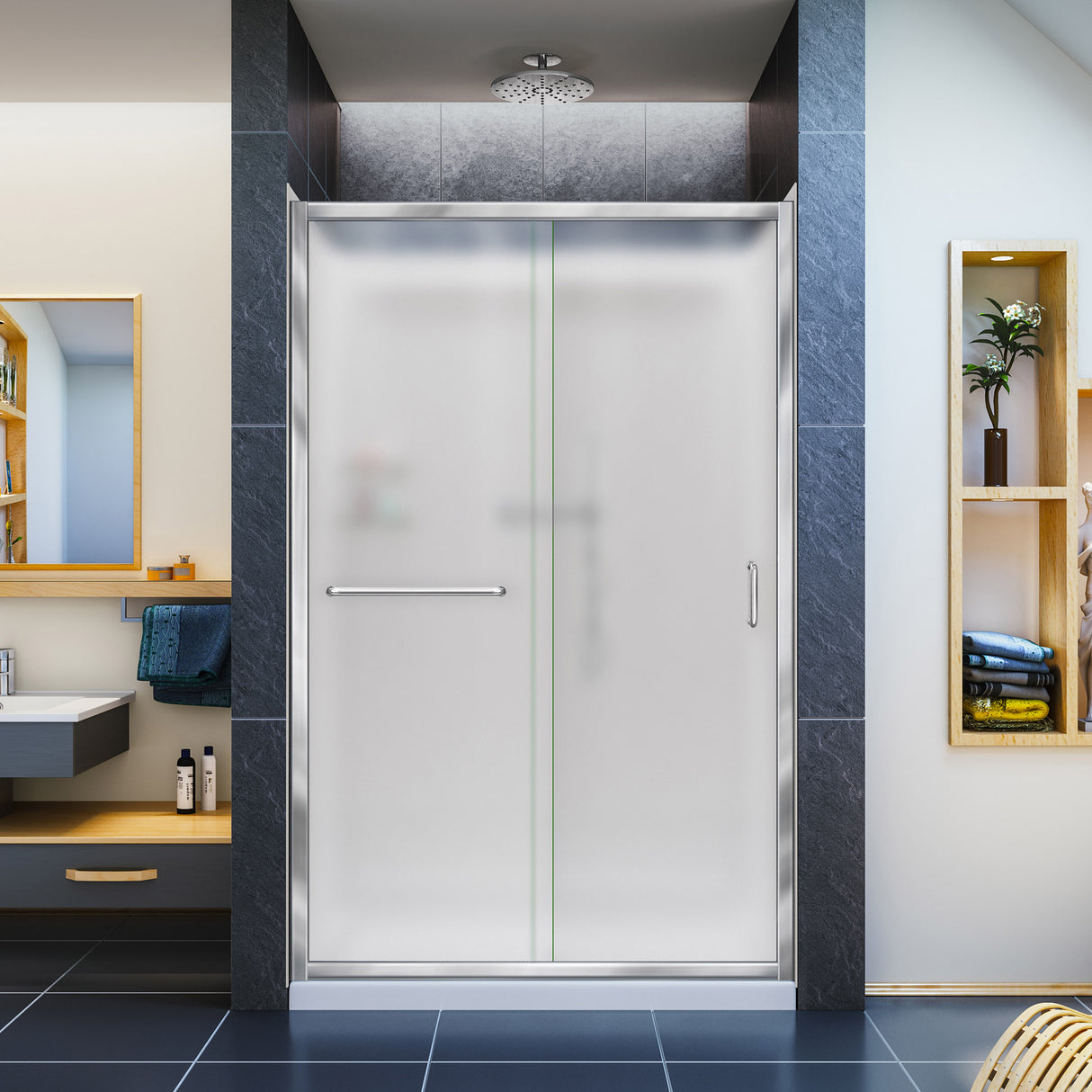 DreamLine Infinity-Z 36 in. D x 48 in. W x 76 3/4 in. H Frosted Sliding Shower Door in Chrome, Center Drain White Base, Wall Kit