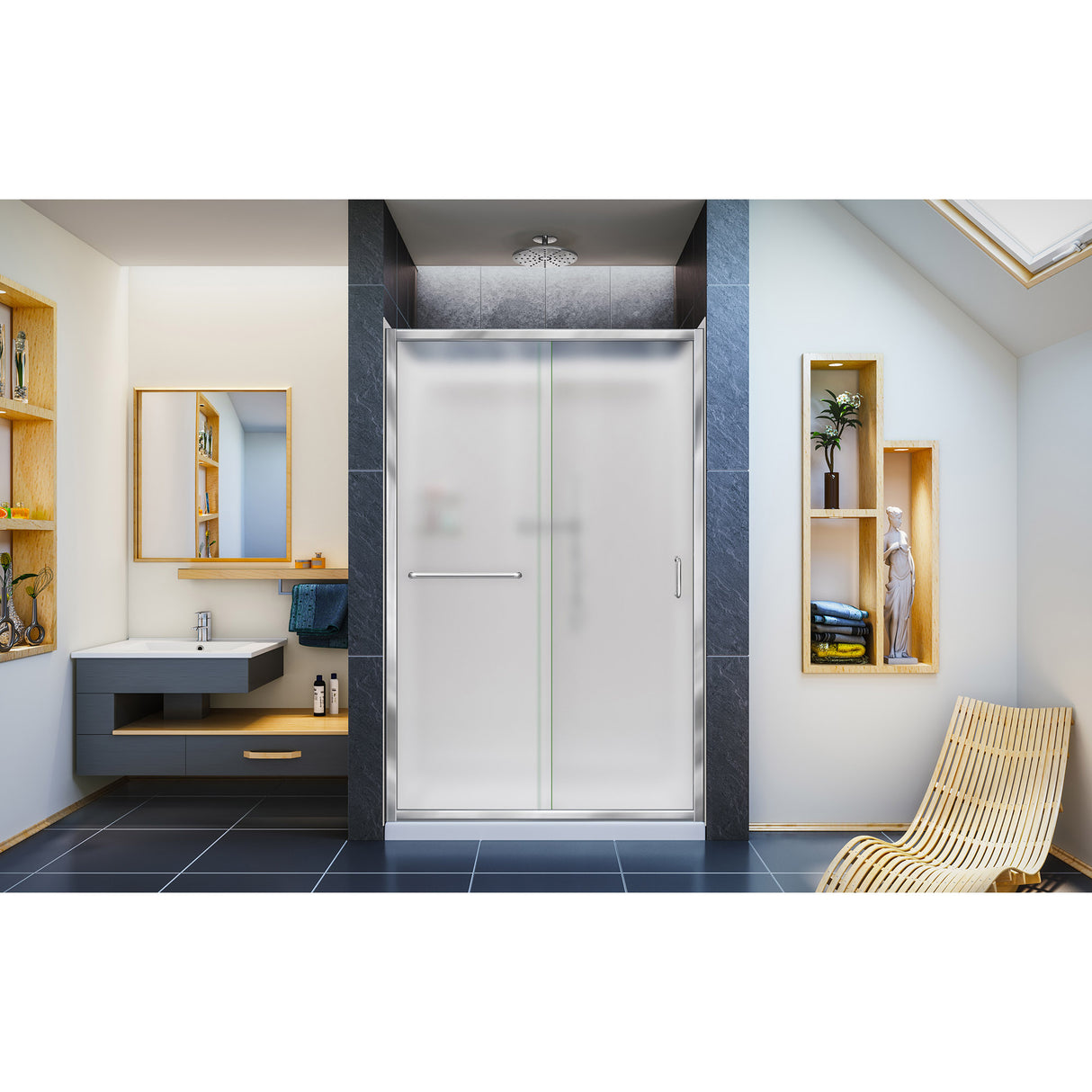 DreamLine Infinity-Z 36 in. D x 48 in. W x 76 3/4 in. H Frosted Sliding Shower Door in Chrome, Center Drain White Base, Wall Kit