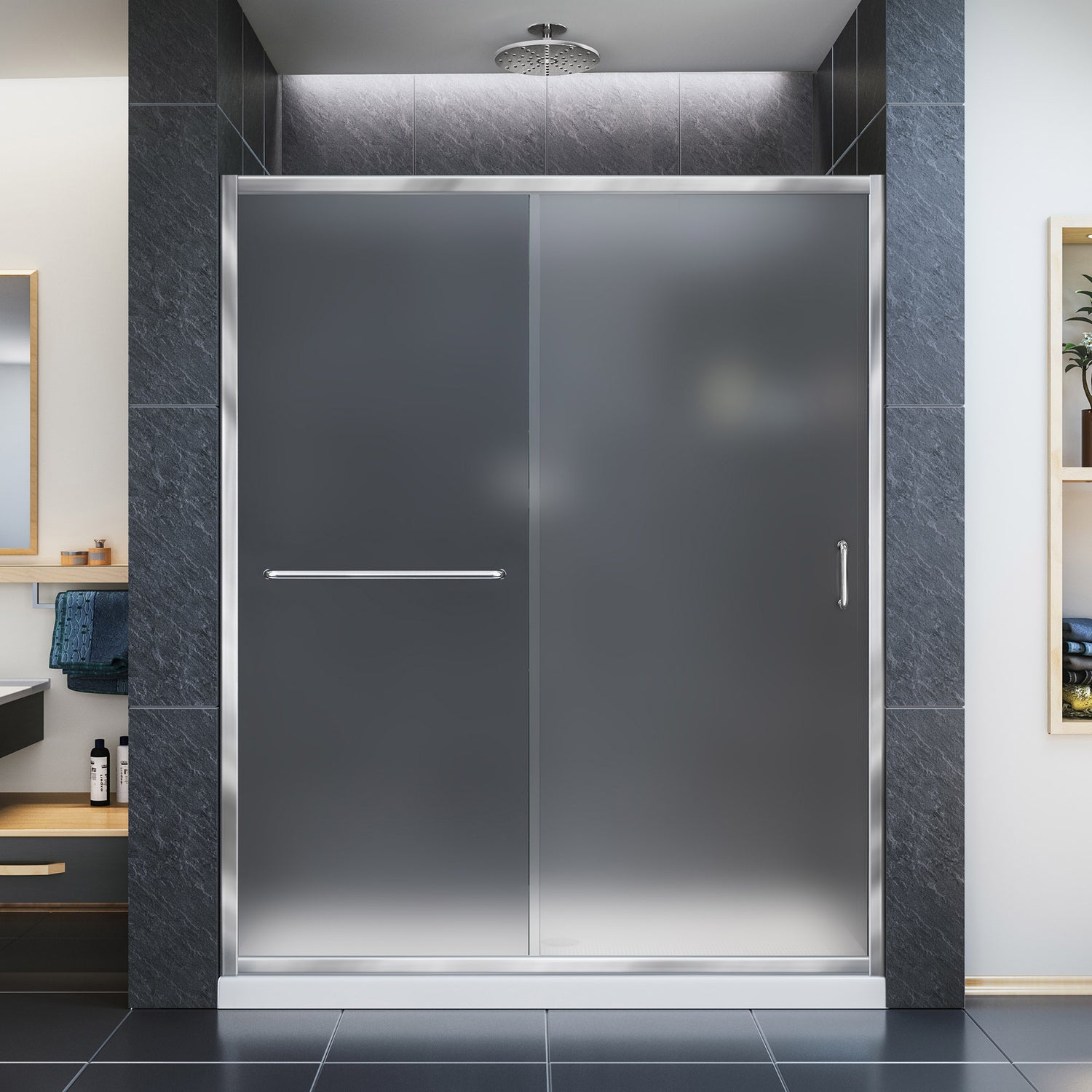 DreamLine Infinity-Z 56-60 in. W x 72 in. H Semi-Frameless Sliding Shower Door, Frosted Glass in Chrome