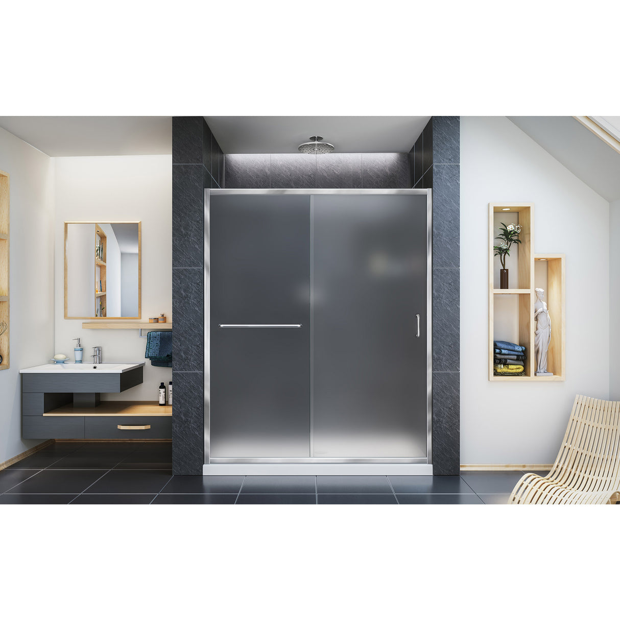 DreamLine Infinity-Z 32 in. D x 60 in. W x 74 3/4 in. H Frosted Sliding Shower Door in Chrome and Center Drain White Base