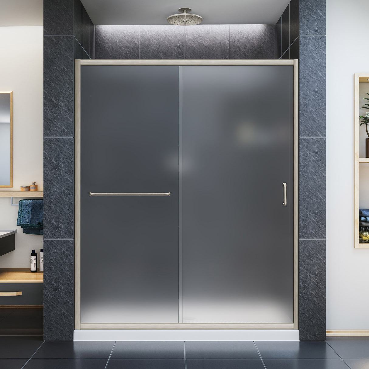 DreamLine Infinity-Z 34 in. D x 60 in. W x 74 3/4 in. H Frosted Sliding Shower Door in Brushed Nickel and Center Drain White Base