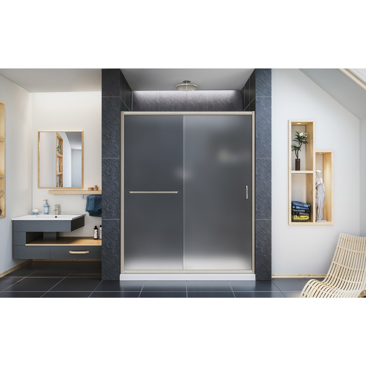 DreamLine Infinity-Z 30 in. D x 60 in. W x 74 3/4 in. H Frosted Sliding Shower Door in Brushed Nickel and Center Drain White Base