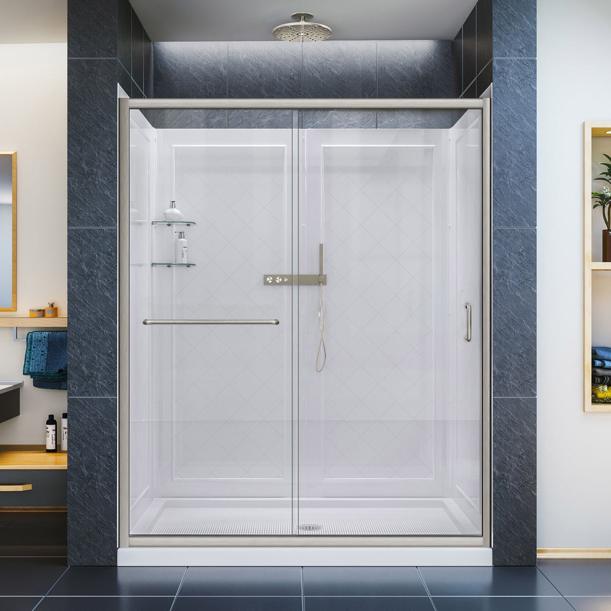 DreamLine Infinity-Z 36 in. D x 60 in. W x 76 3/4 in. H Clear Sliding Shower Door in Brushed Nickel, Center Drain and Wall Kit