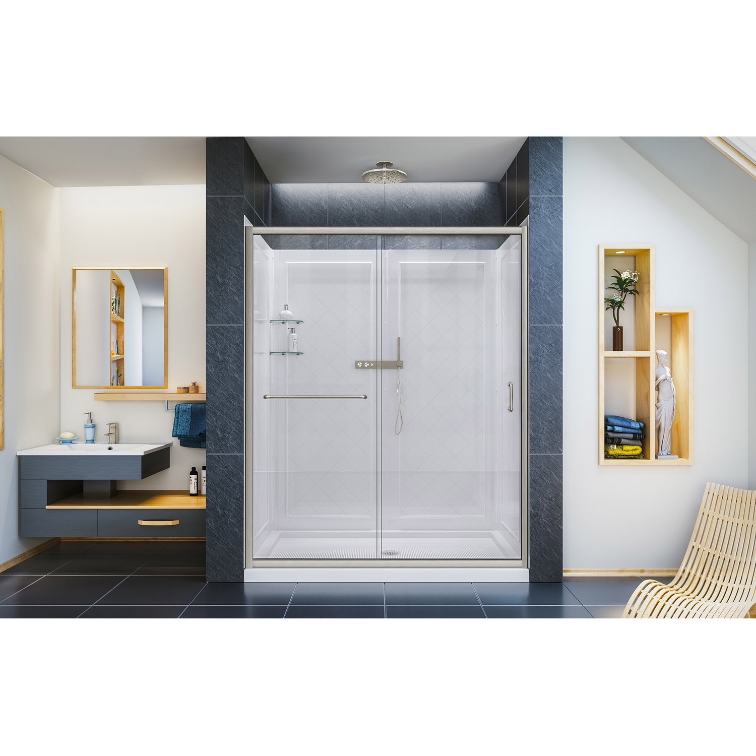 DreamLine Infinity-Z 34 in. D x 60 in. W x 76 3/4 in. H Clear Sliding Shower Door in Brushed Nickel, Center Drain and Wall Kit