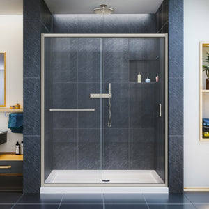 DreamLine Infinity-Z 30 in. D x 60 in. W x 74 3/4 in. H Clear Sliding Shower Door in Brushed Nickel and Center Drain White Base