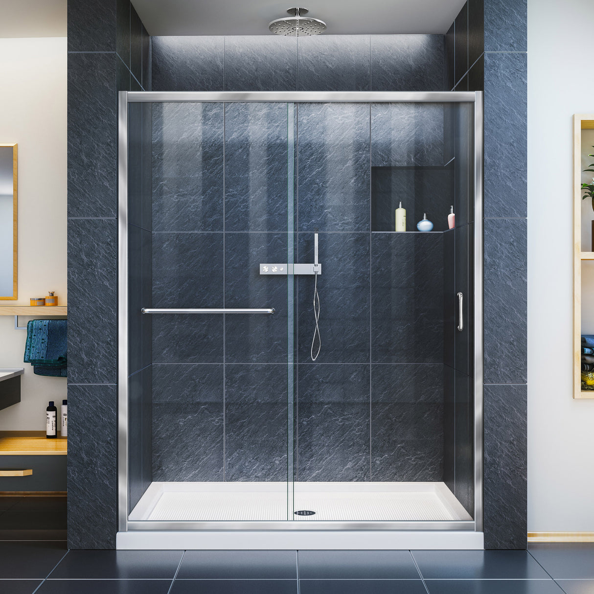 DreamLine Infinity-Z 32 in. D x 60 in. W x 74 3/4 in. H Clear Sliding Shower Door in Chrome and Center Drain White Base