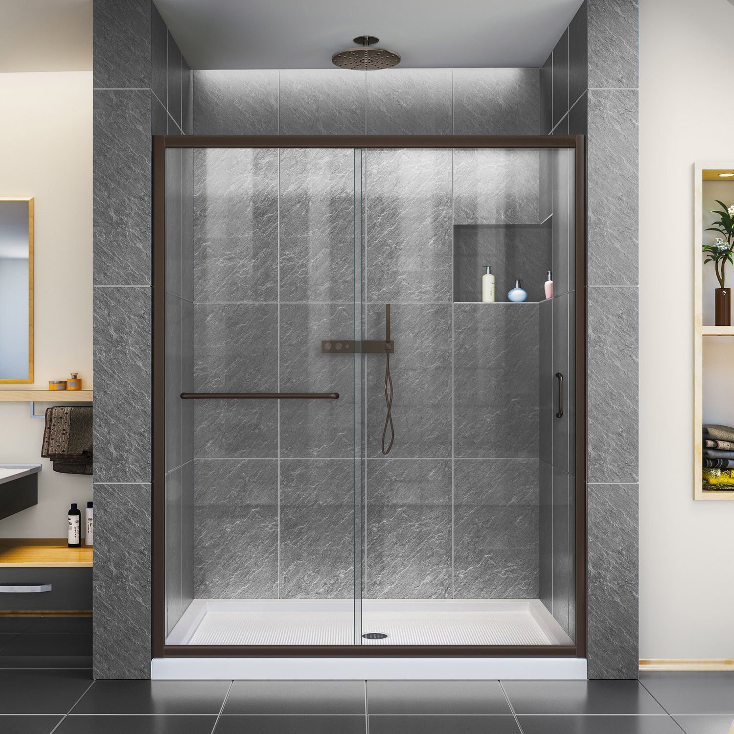 DreamLine Infinity-Z 34 in. D x 60 in. W x 74 3/4 in. H Clear Sliding Shower Door in Oil Rubbed Bronze and Center Drain White Base