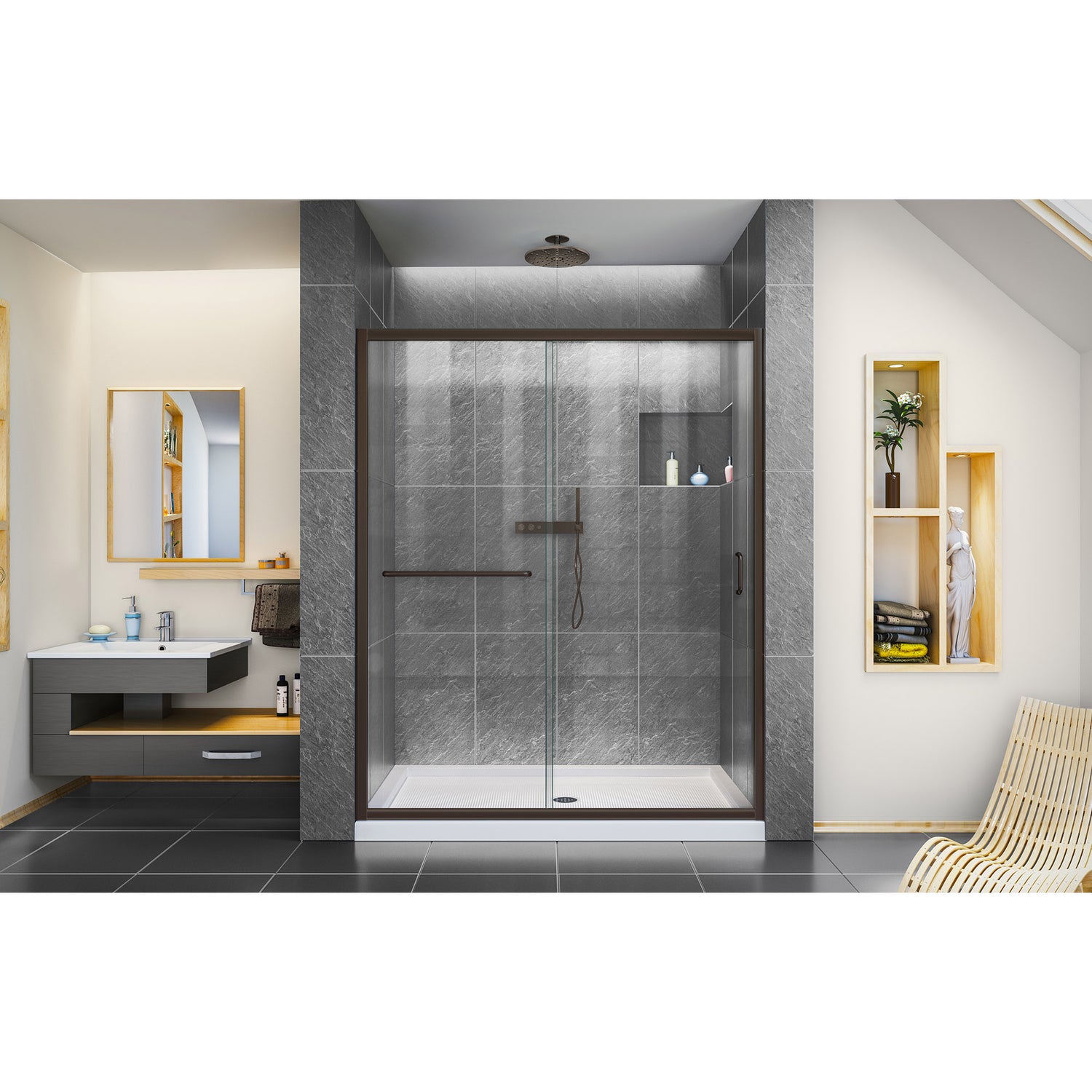 DreamLine Infinity-Z 56-60 in. W x 72 in. H Semi-Frameless Sliding Shower Door, Clear Glass in Oil Rubbed Bronze