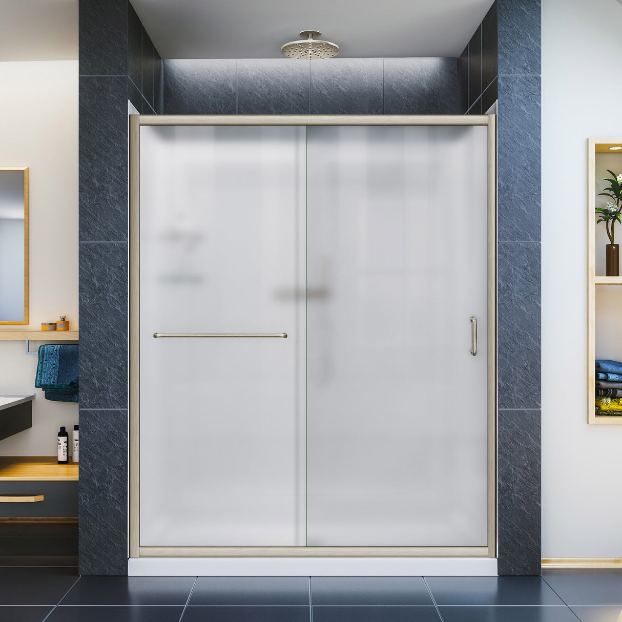 DreamLine Infinity-Z 32 in. D x 60 in. W x 76 3/4 in. H Frosted Sliding Shower Door in Brushed Nickel, Right Drain Base, Wall Kit