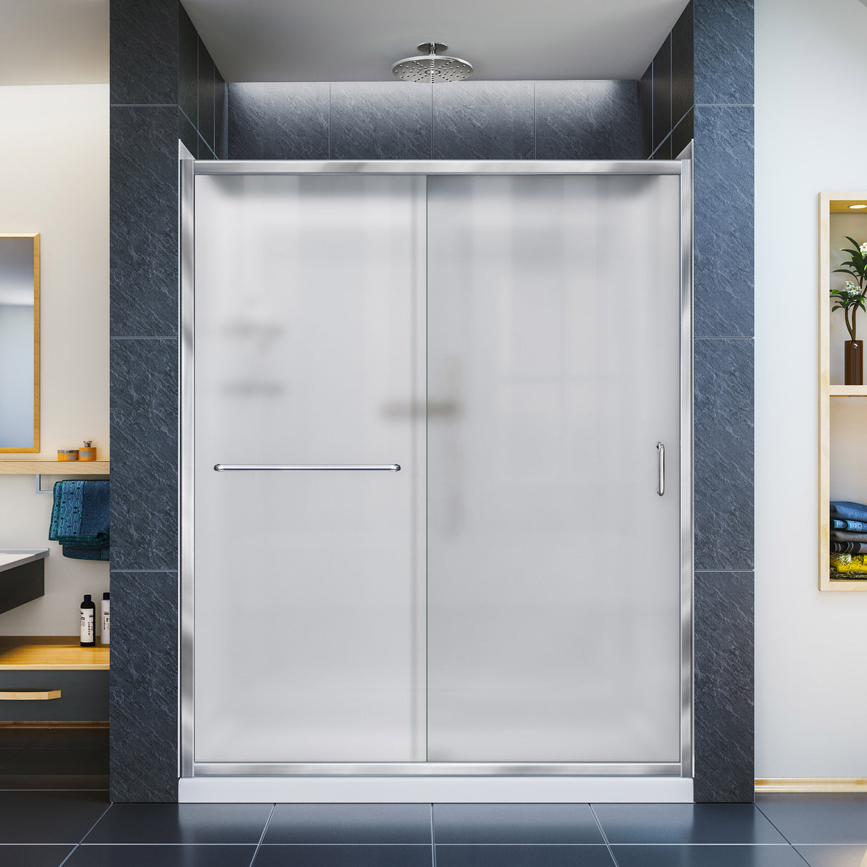 DreamLine Infinity-Z 36 in. D x 60 in. W x 76 3/4 in. H Frosted Sliding Shower Door in Chrome, Left Drain Base and Wall Kit