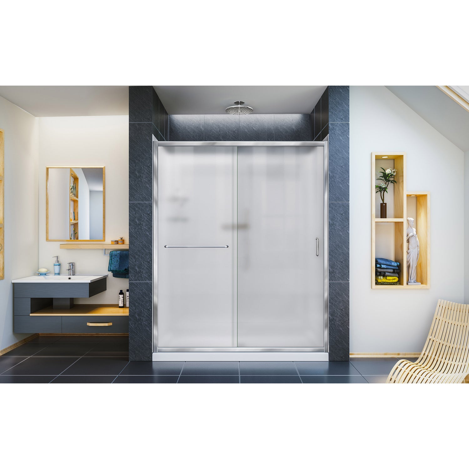 DreamLine Infinity-Z 34 in. D x 60 in. W x 76 3/4 in. H Frosted Sliding Shower Door in Chrome, Left Drain Base and Wall Kit