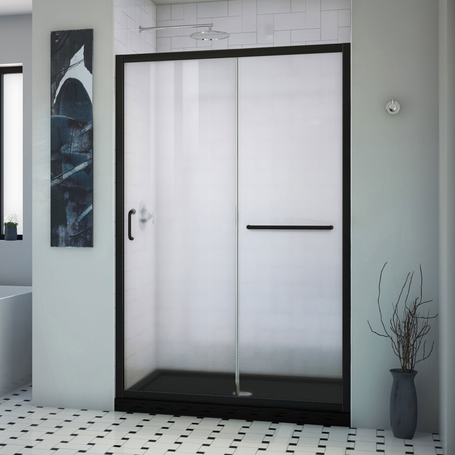 DreamLine Infinity-Z 36 in. D x 48 in. W x 74 3/4 in. H Clear Sliding Shower Door in Satin Black and Center Drain Black Base