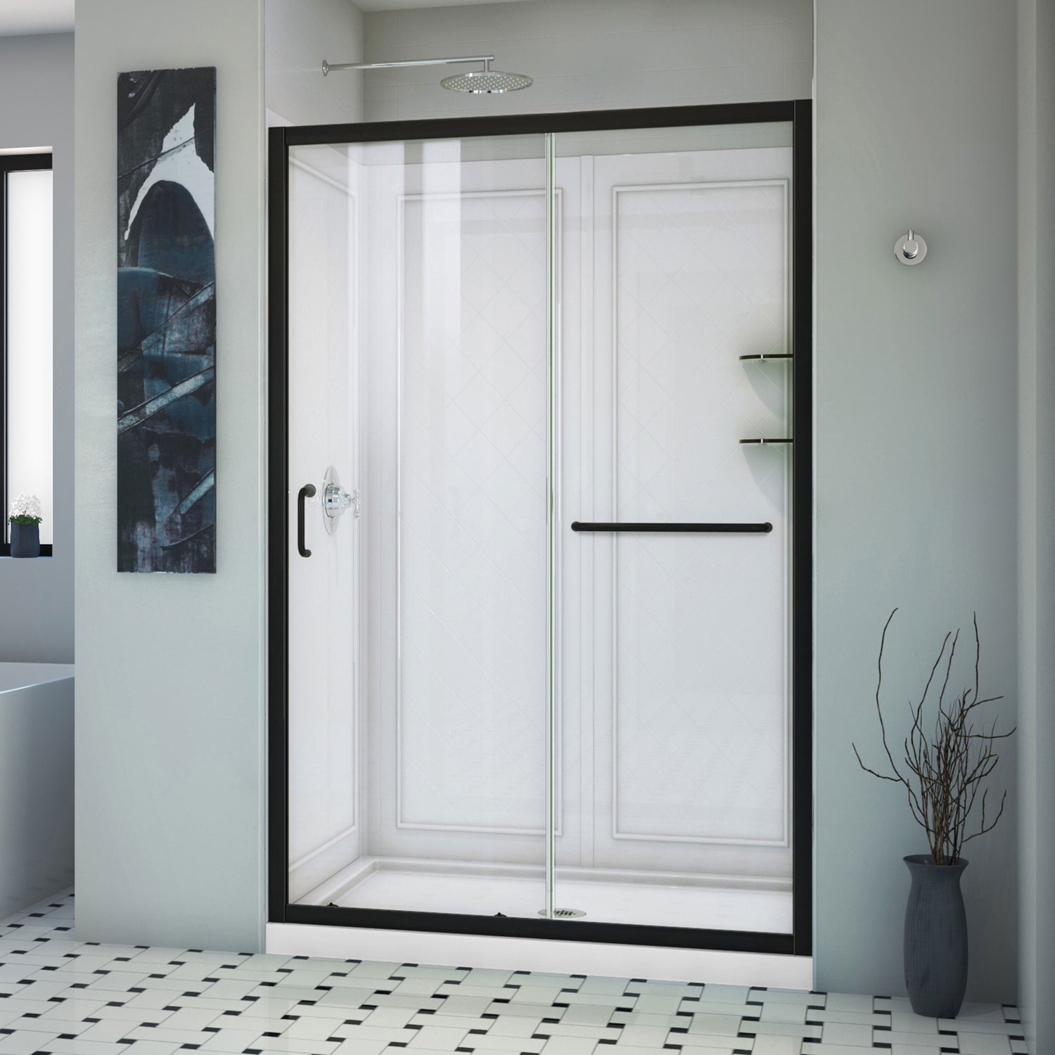 DreamLine Infinity-Z 36 in. D x 48 in. W x 76 3/4 in. H Clear Sliding Shower Door in Satin Black, Center Drain Base, Wall Kit