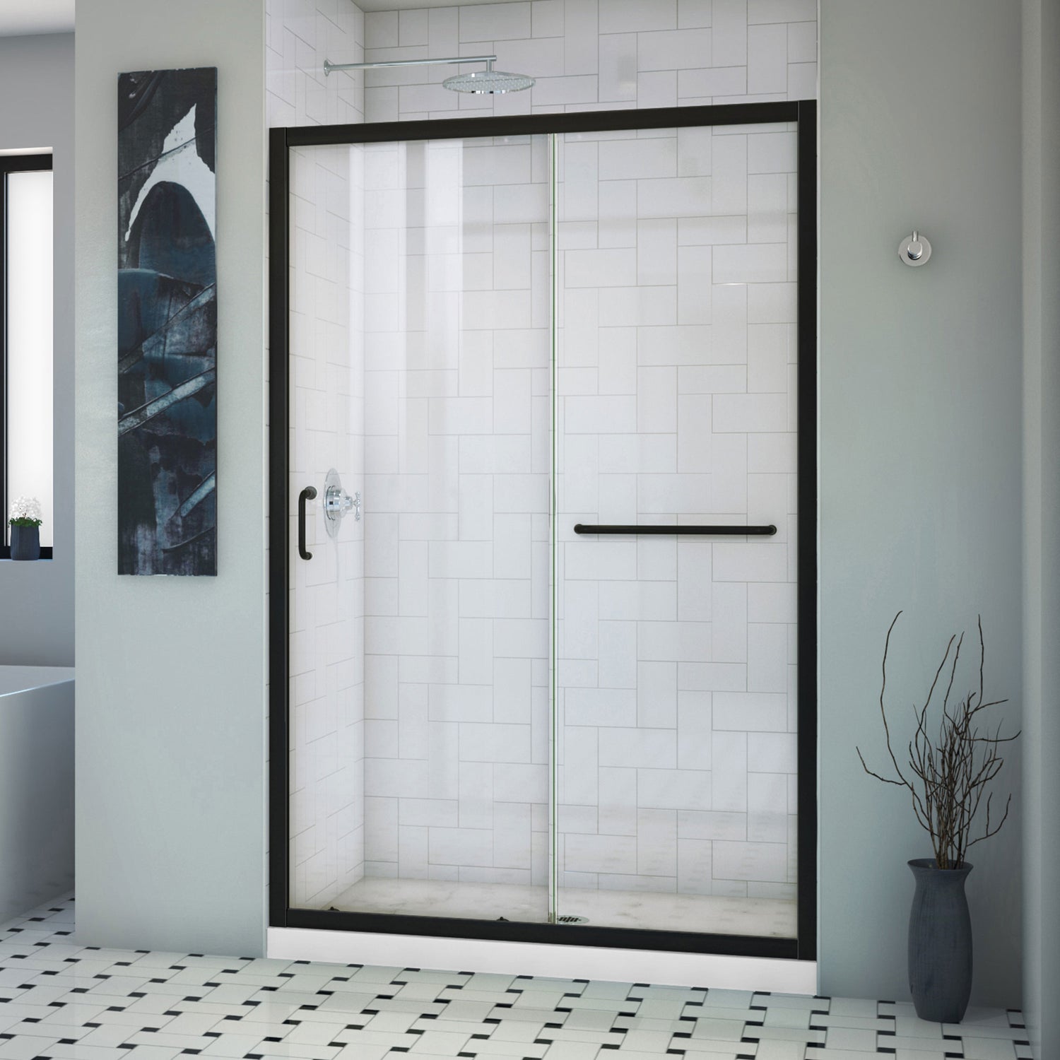 DreamLine Infinity-Z 36 in. D x 48 in. W x 74 3/4 in. H Clear Sliding Shower Door in Satin Black and Center Drain White Base
