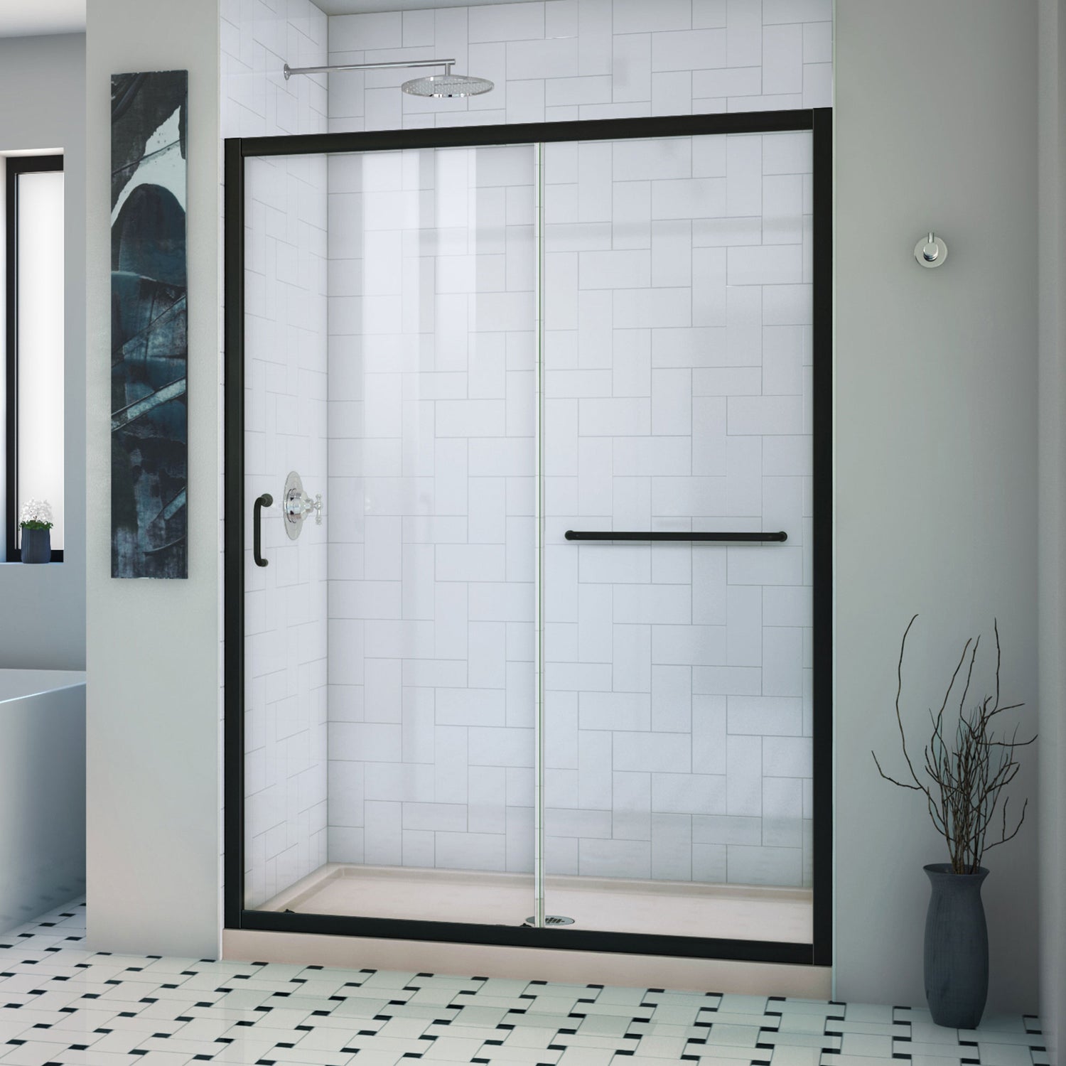 DreamLine Infinity-Z 32 in. D x 54 in. W x 74 3/4 in. H Clear Sliding Shower Door in Satin Black and Center Drain Biscuit Base