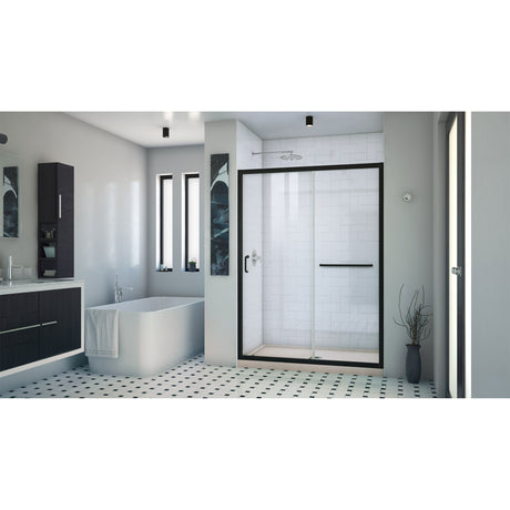 DreamLine Infinity-Z 32 in. D x 54 in. W x 74 3/4 in. H Clear Sliding Shower Door in Satin Black and Center Drain Biscuit Base