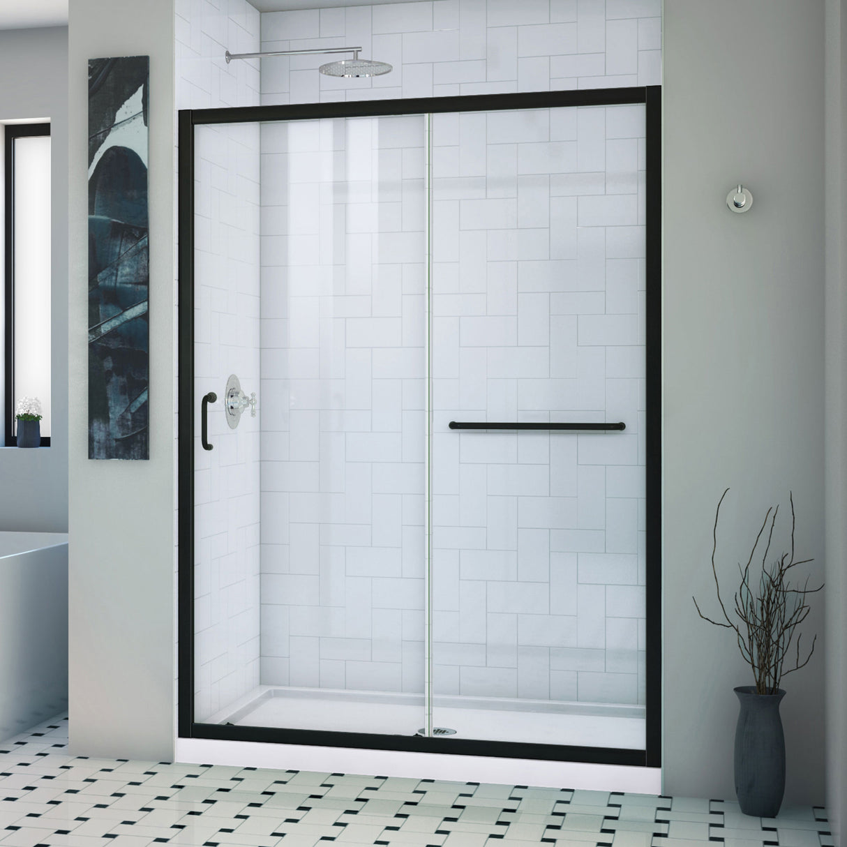 DreamLine Infinity-Z 32 in. D x 54 in. W x 74 3/4 in. H Clear Sliding Shower Door in Satin Black and Center Drain White Base