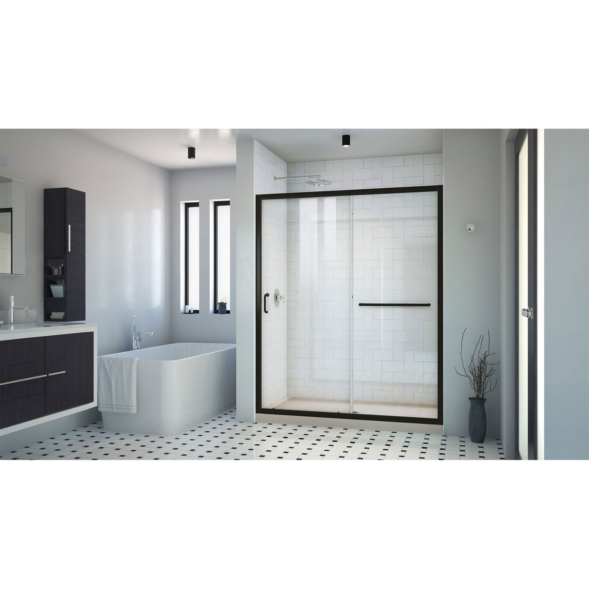 DreamLine Infinity-Z 30 in. D x 60 in. W x 74 3/4 in. H Clear Sliding Shower Door in Satin Black, Center Drain Biscuit Base