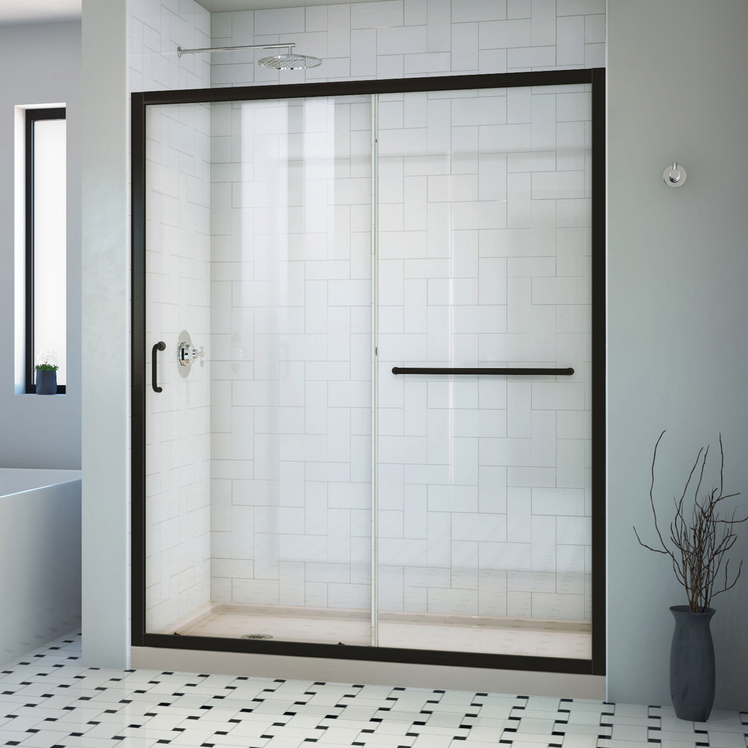 DreamLine Infinity-Z 30 in. D x 60 in. W x 74 3/4 in. H Clear Sliding Shower Door in Satin Black, Left Drain Biscuit Base