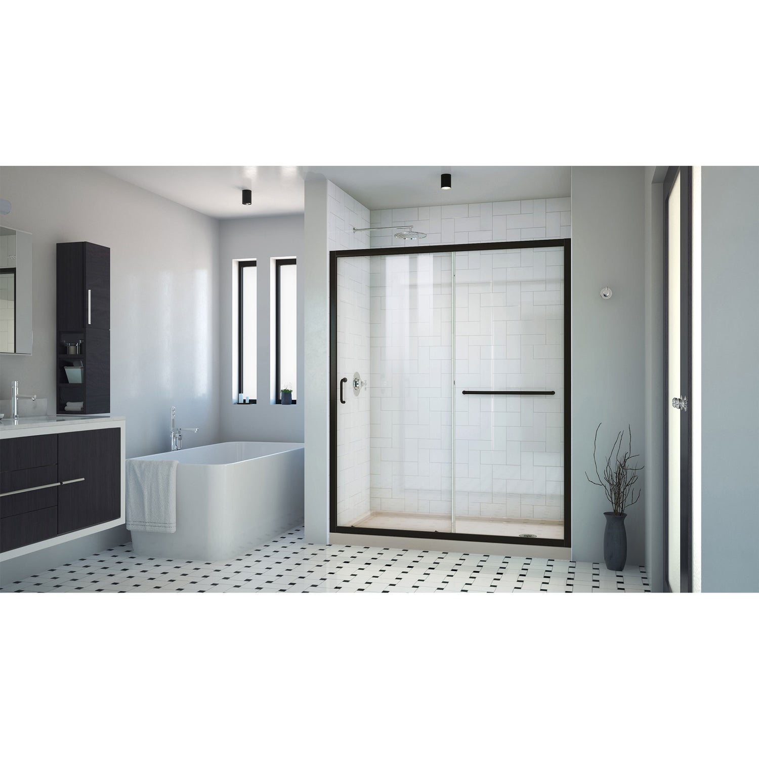 DreamLine Infinity-Z 30 in. D x 60 in. W x 74 3/4 in. H Clear Sliding Shower Door in Satin Black, Right Drain Biscuit Base