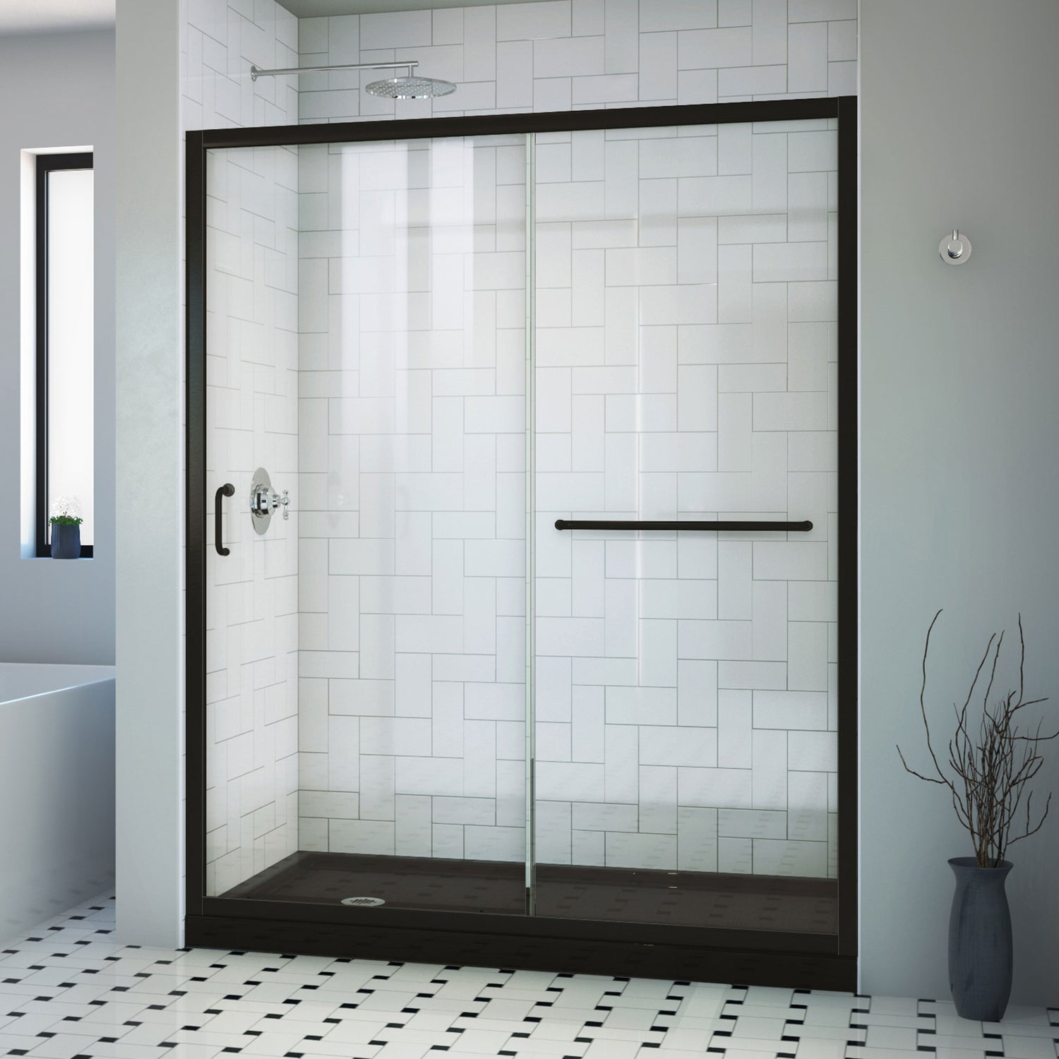 DreamLine Infinity-Z 30 in. D x 60 in. W x 74 3/4 in. H Clear Sliding Shower Door in Satin Black, Left Drain Black Base