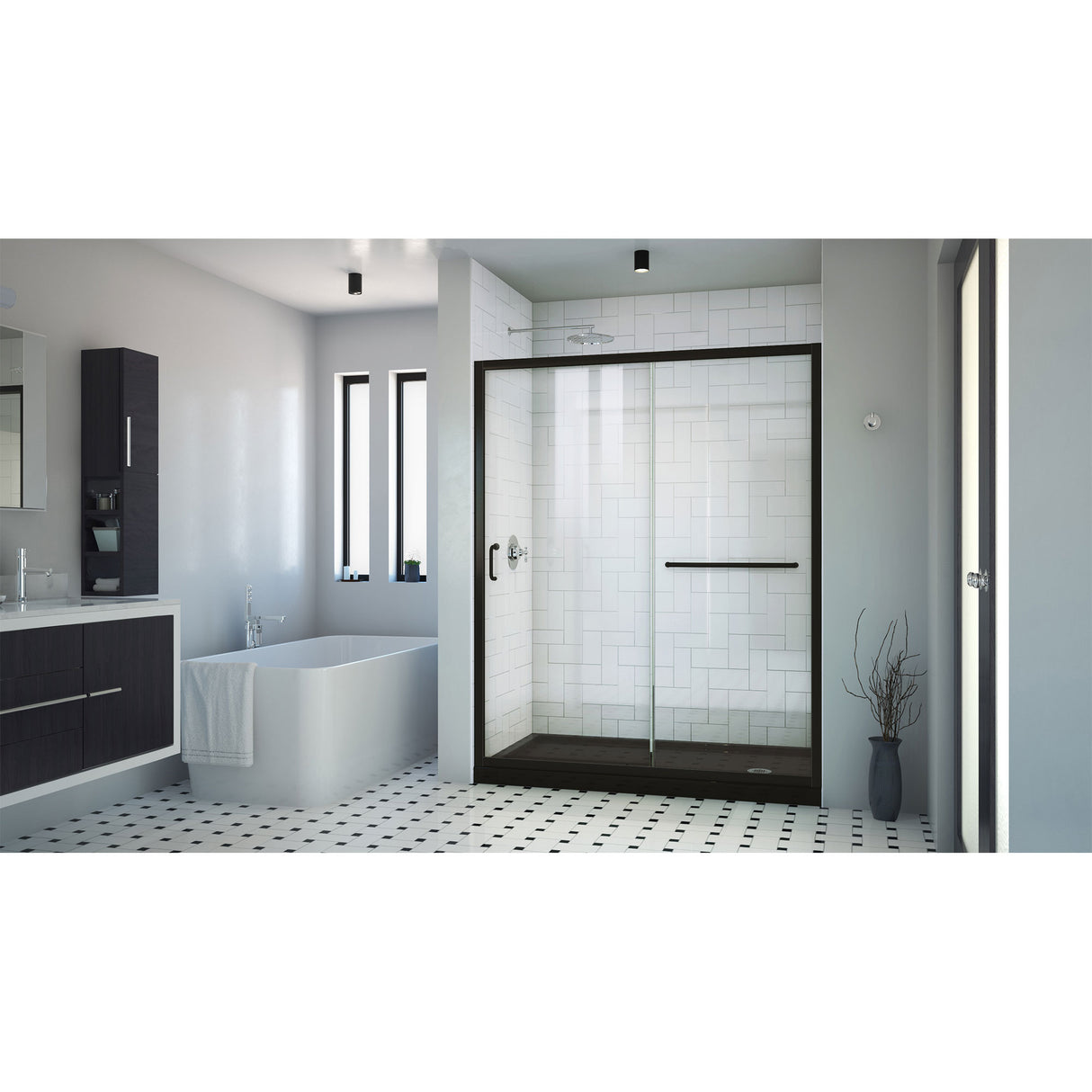 DreamLine Infinity-Z 36 in. D x 60 in. W x 74 3/4 in. H Clear Sliding Shower Door in Satin Black, Right Drain Black Base