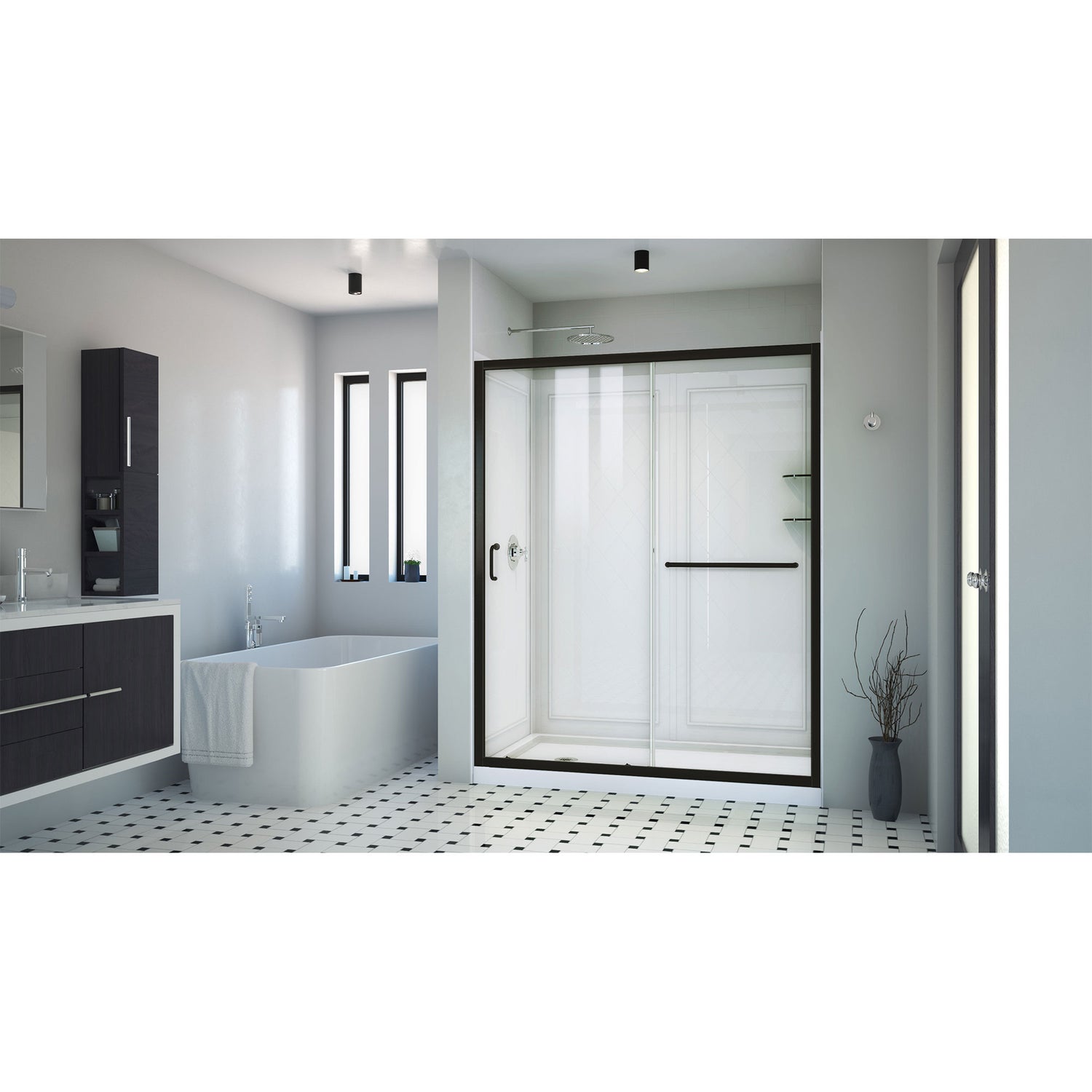 DreamLine Infinity-Z 30 in. D x 60 in. W x 76 3/4 in. H Clear Sliding Shower Door in Satin Black, Left Drain and Wall Kit