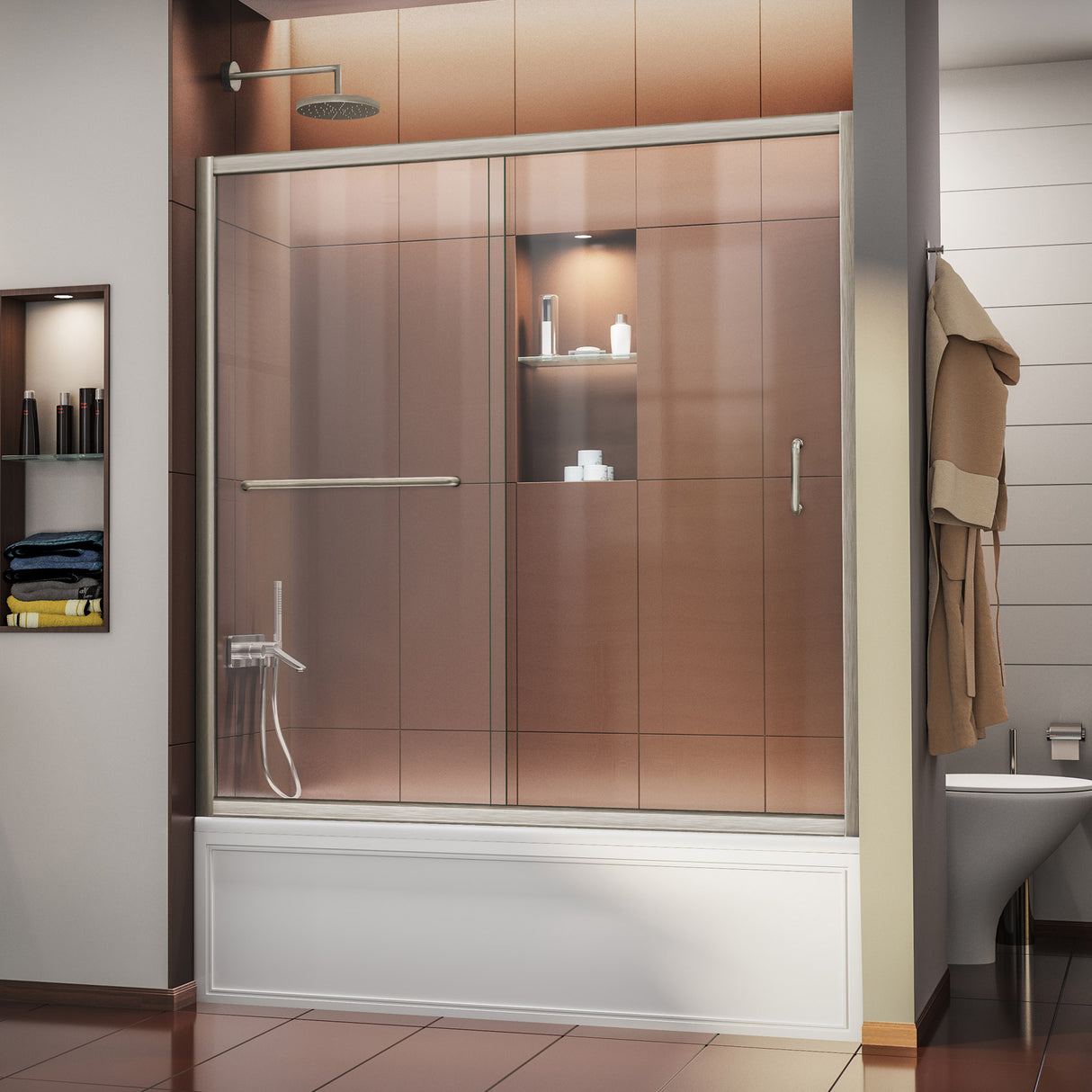 DreamLine Infinity-Z 56-60 in. W x 58 in. H Semi-Frameless Sliding Tub Door, Clear Glass in Brushed Nickel