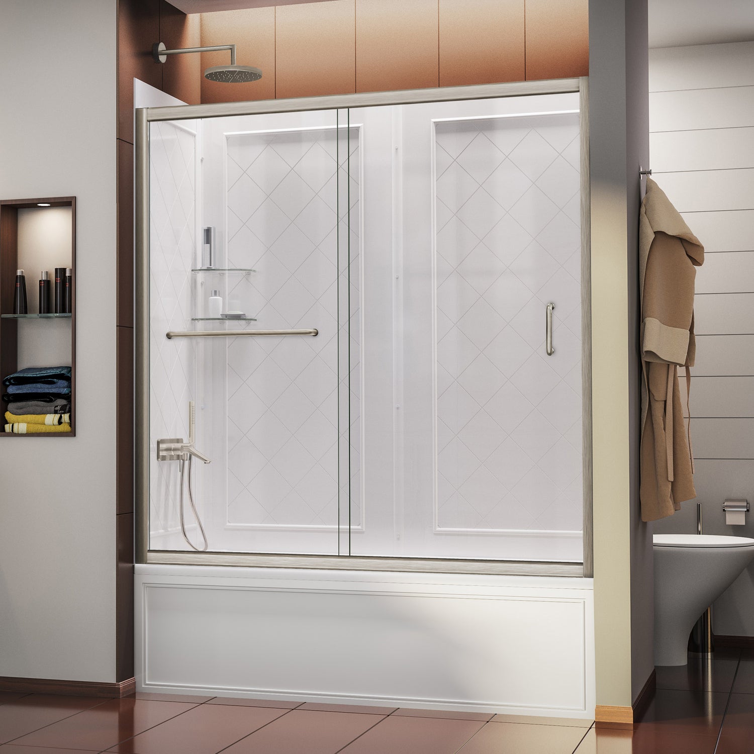 DreamLine Infinity-Z 56-60 in. W x 60 in. H Clear Sliding Tub Door in Brushed Nickel with White Acrylic Wall Kit