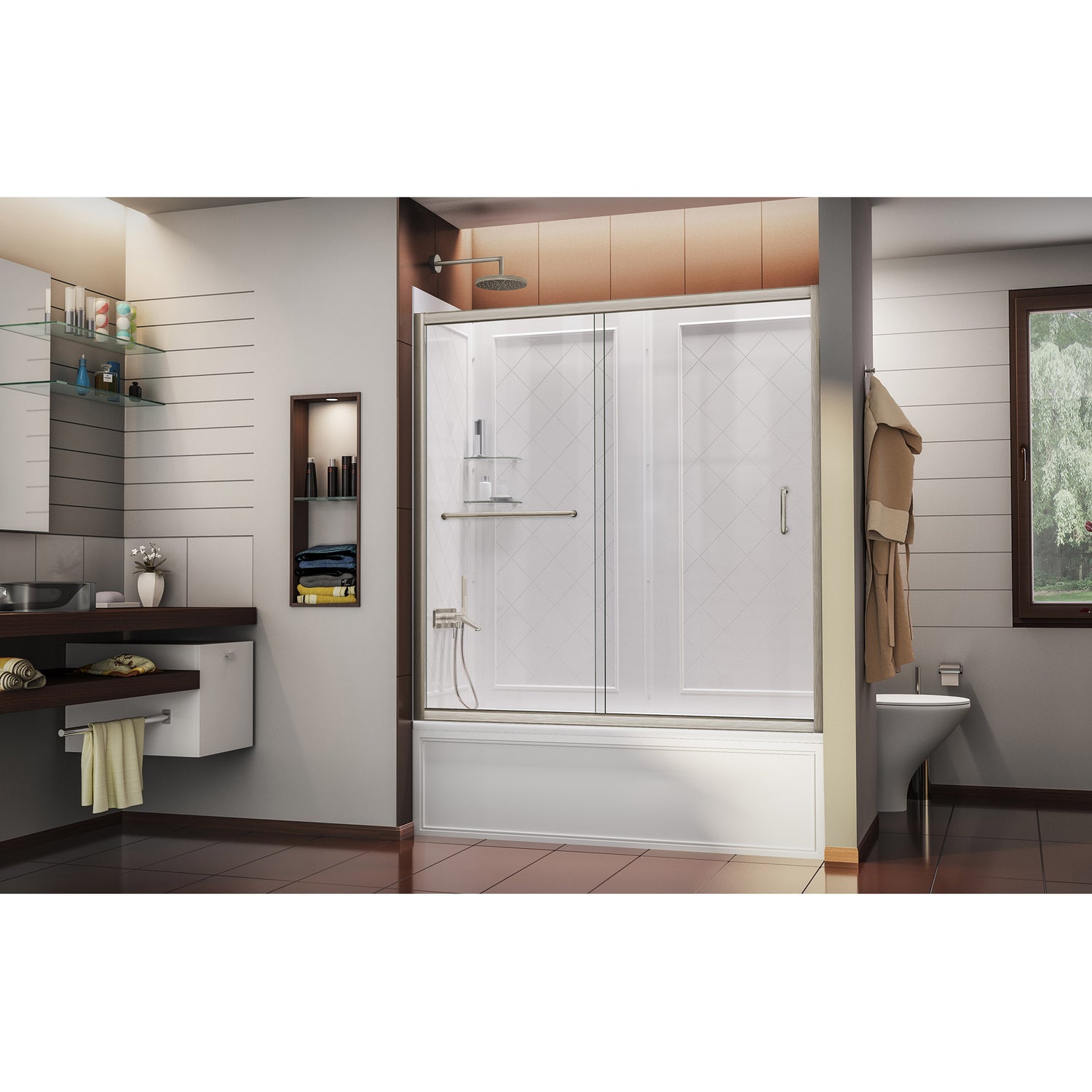 DreamLine Infinity-Z 56-60 in. W x 60 in. H Clear Sliding Tub Door in Brushed Nickel with White Acrylic Wall Kit