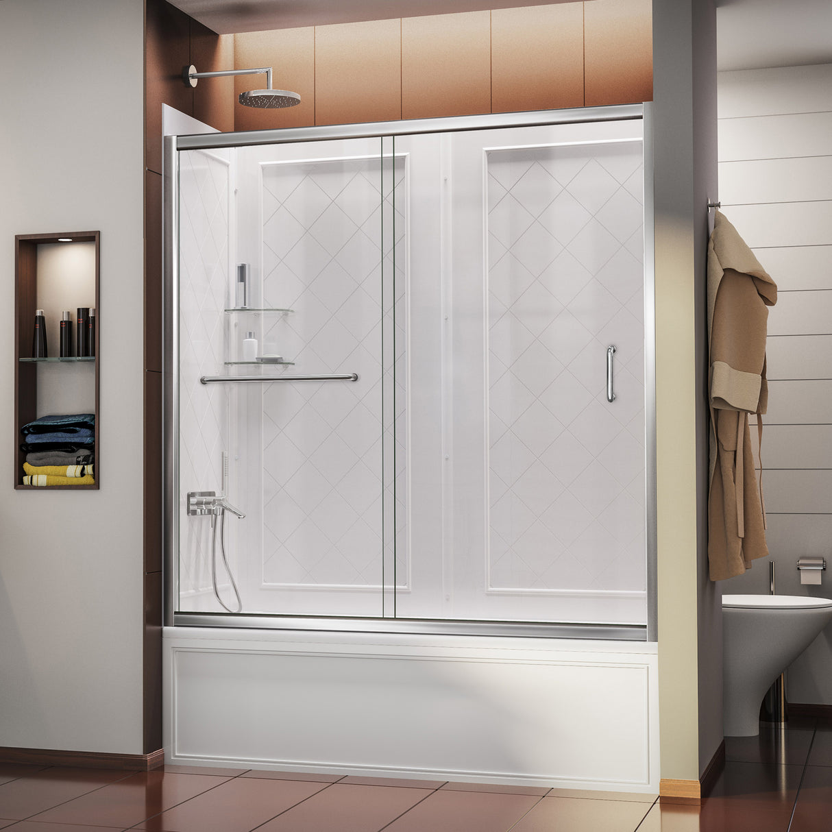 DreamLine Infinity-Z 56-60 in. W x 60 in. H Clear Sliding Tub Door in Chrome with White Acrylic Wall Kit