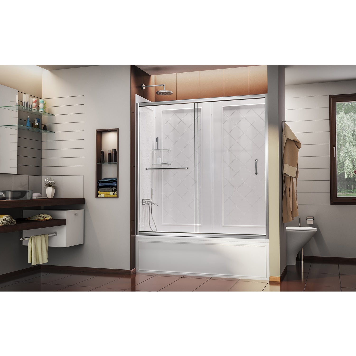 DreamLine Infinity-Z 56-60 in. W x 60 in. H Clear Sliding Tub Door in Chrome with White Acrylic Wall Kit