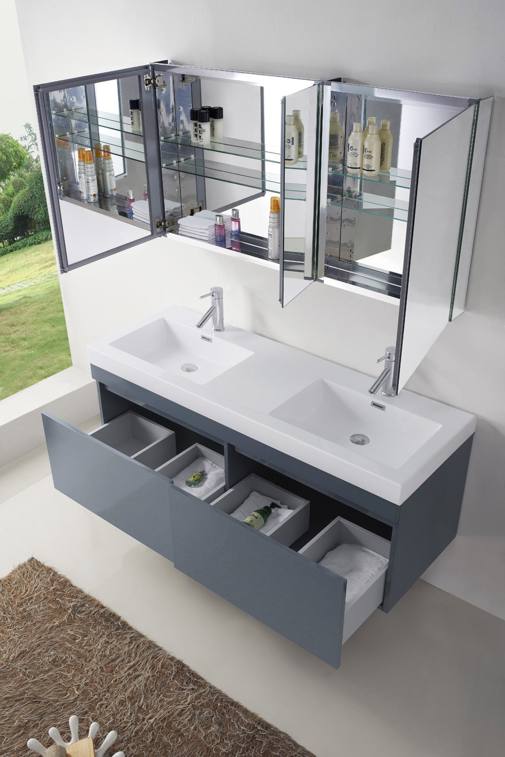 Virtu USA Zuri 55" Double Bath Vanity in Wenge with White Polymarble Top and Integrated Square Sinks