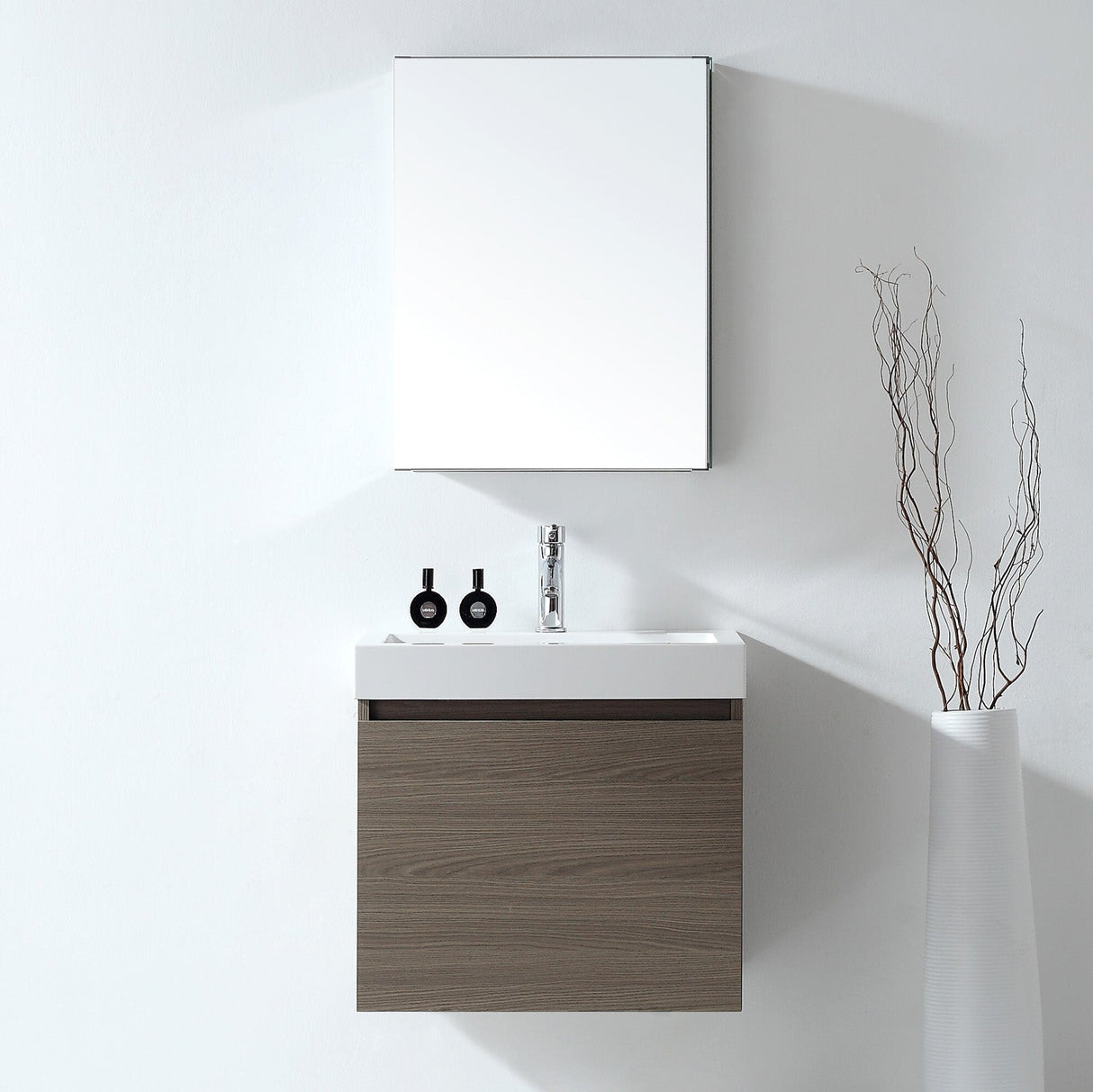 Virtu USA Zuri 24" Single Bath Vanity in Wenge with White Polymarble Top and Integrated Square Sink with Brushed Nickel Faucet with Matching Mirror