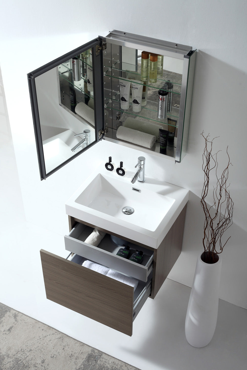 Virtu USA Zuri 24" Single Bath Vanity in Wenge with White Polymarble Top and Integrated Square Sink with Brushed Nickel Faucet with Matching Mirror