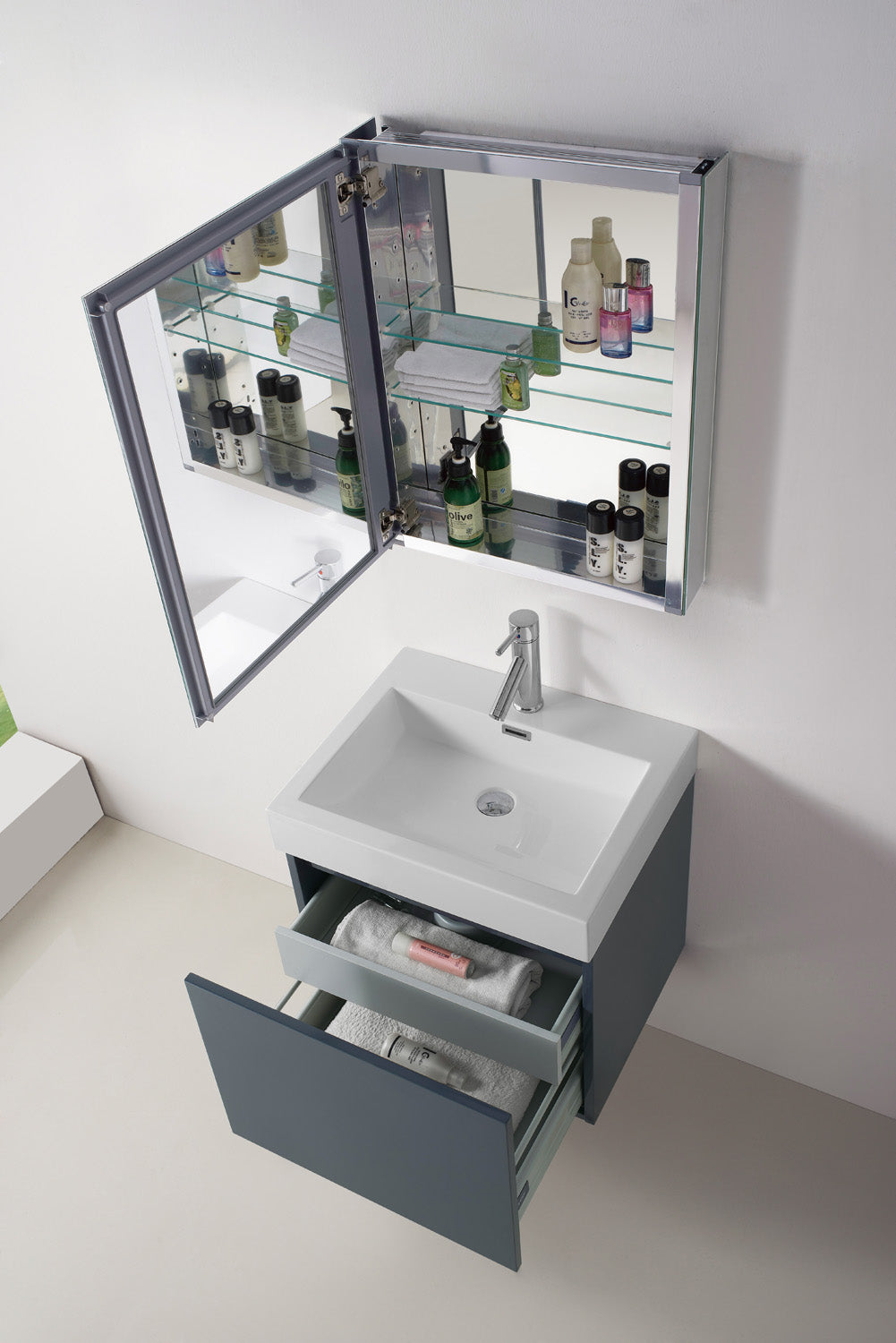 Virtu USA Zuri 24" Single Bath Vanity in Wenge with White Polymarble Top and Integrated Square Sink with Brushed Nickel Faucet with Matching Mirror