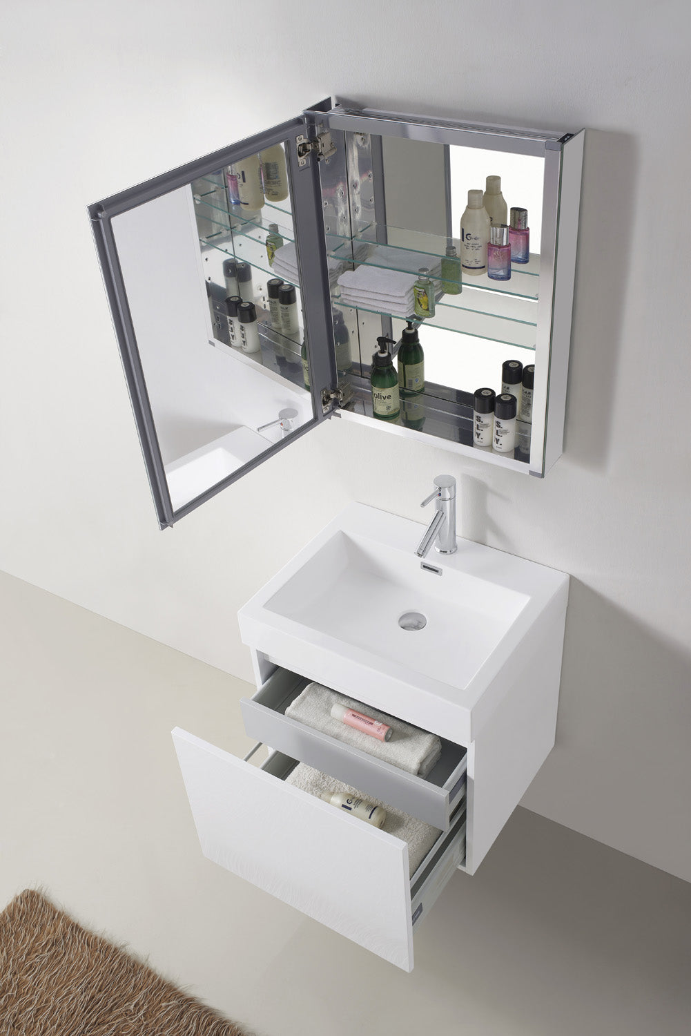 Virtu USA Zuri 24" Single Bath Vanity in Wenge with White Polymarble Top and Integrated Square Sink with Brushed Nickel Faucet with Matching Mirror